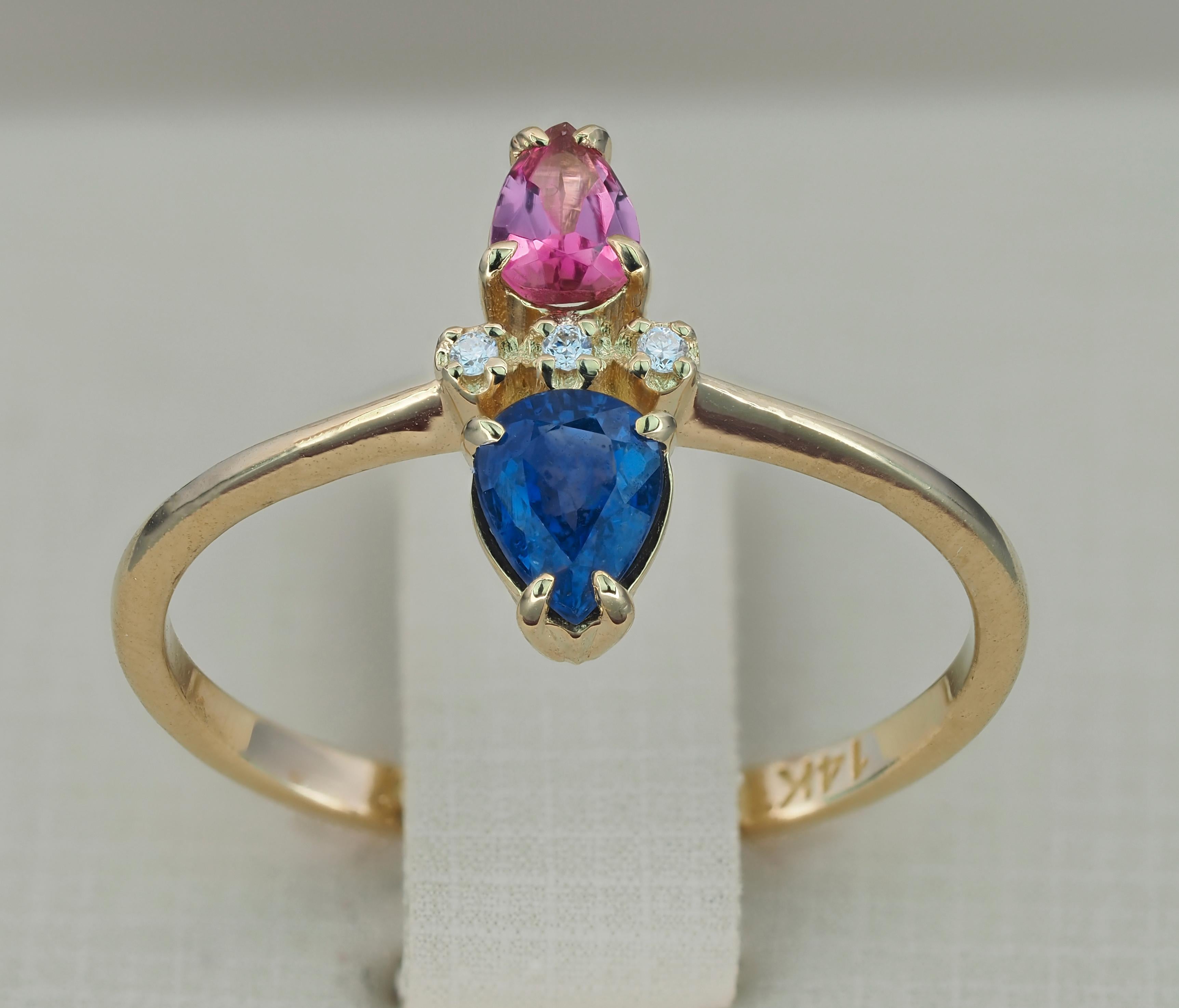 For Sale:  14k Gold Ring in Art Deco Style with Central Sapphire, Tourmaline and Diamonds 7