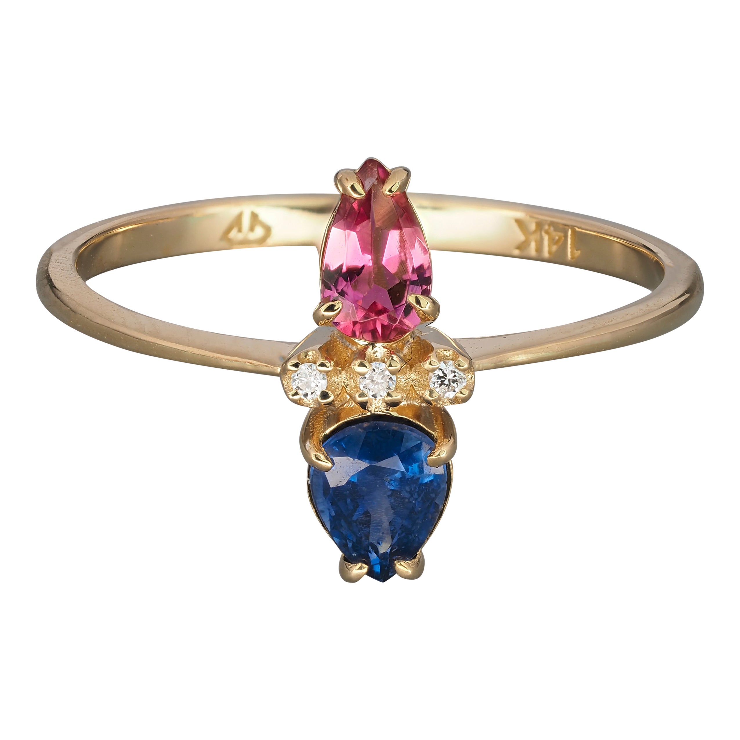 Anillo de Oro de 14k Estilo Art Decó con Zafiro Central, Turmalina y Diamantes