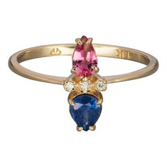 Bague en or 14 carats de style Art déco avec saphir central, tourmaline et diamants