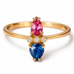 14k Gold Ring in Art Deco Style with Central Sapphire, Tourmaline and Diamonds