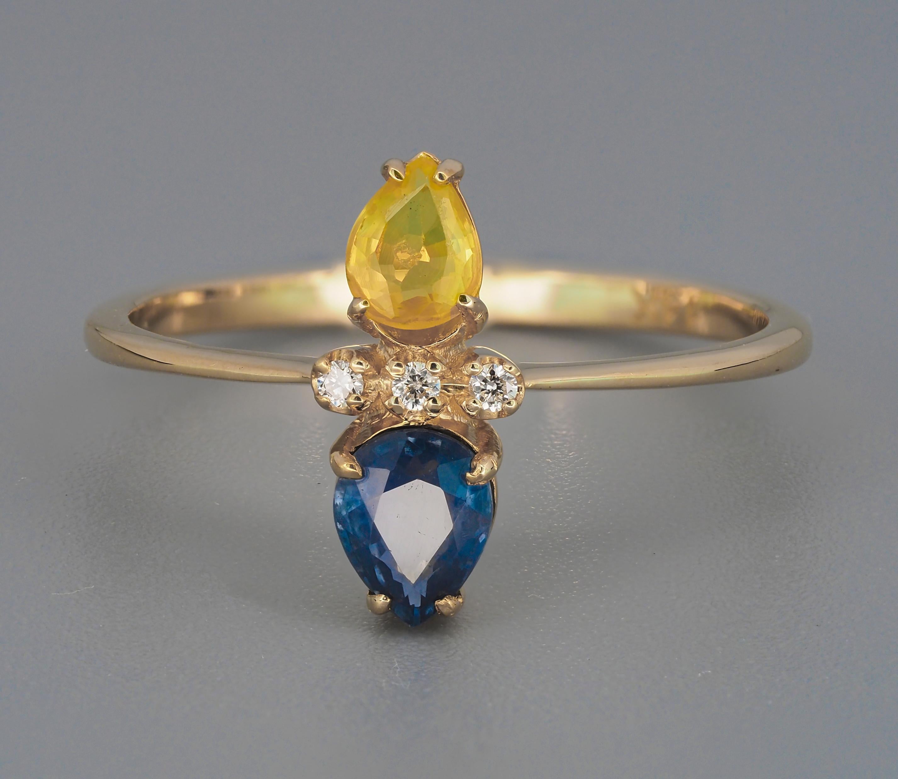 For Sale:  14k Gold Ring in Art Deco Style with Central Sapphires and Diamonds 2
