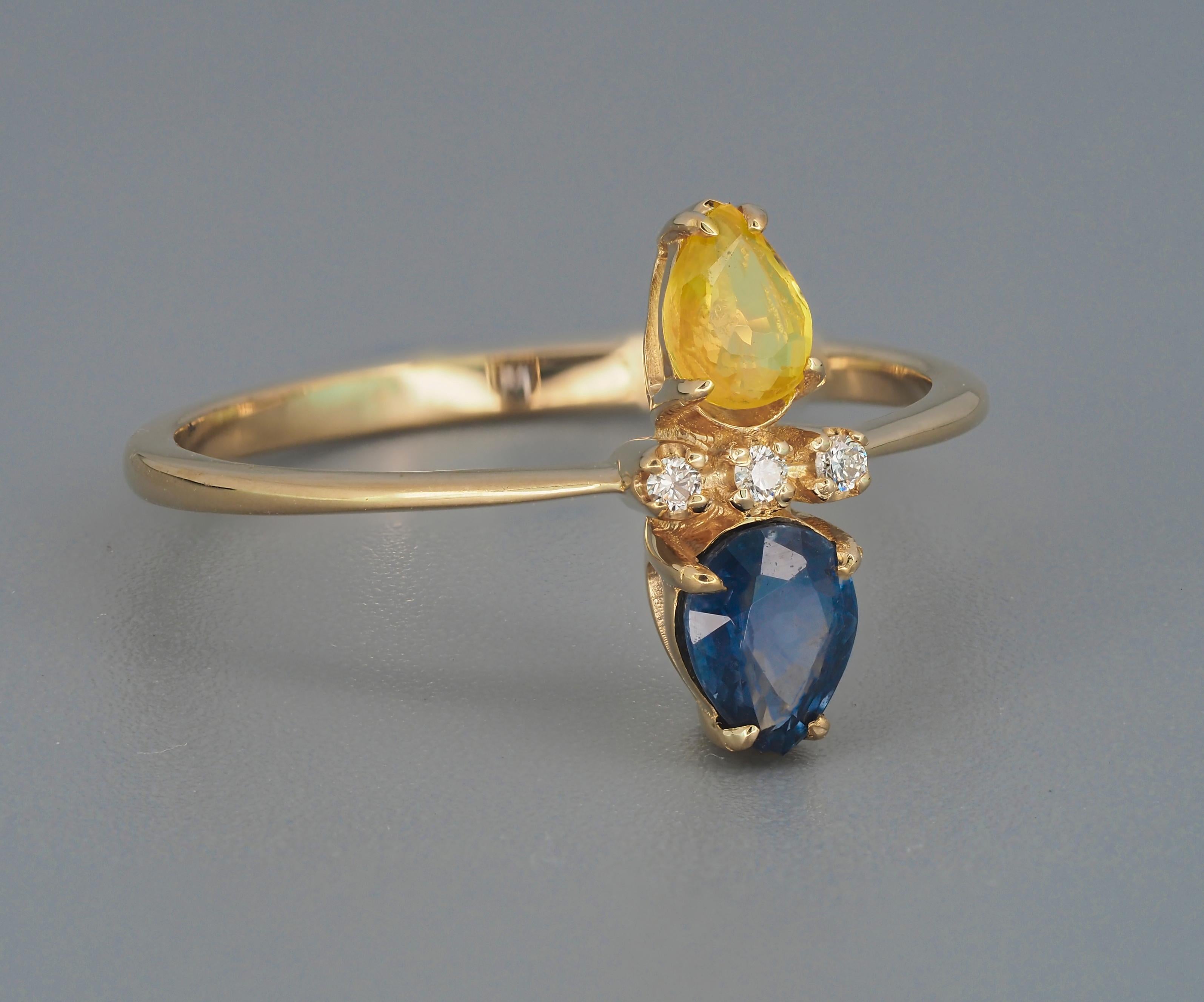For Sale:  14k Gold Ring in Art Deco Style with Central Sapphires and Diamonds 3