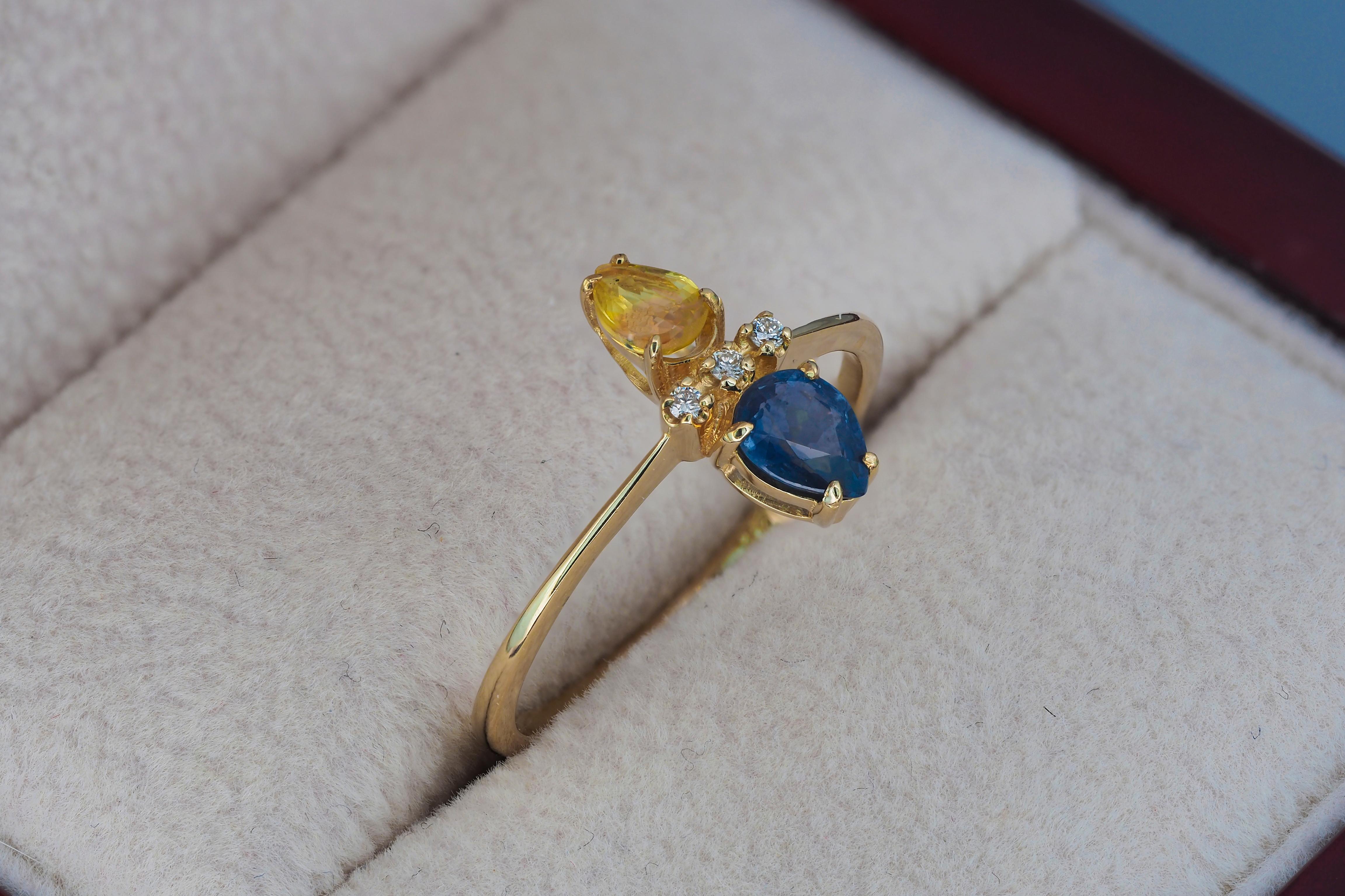 For Sale:  14k Gold Ring in Art Deco Style with Central Sapphires and Diamonds 6