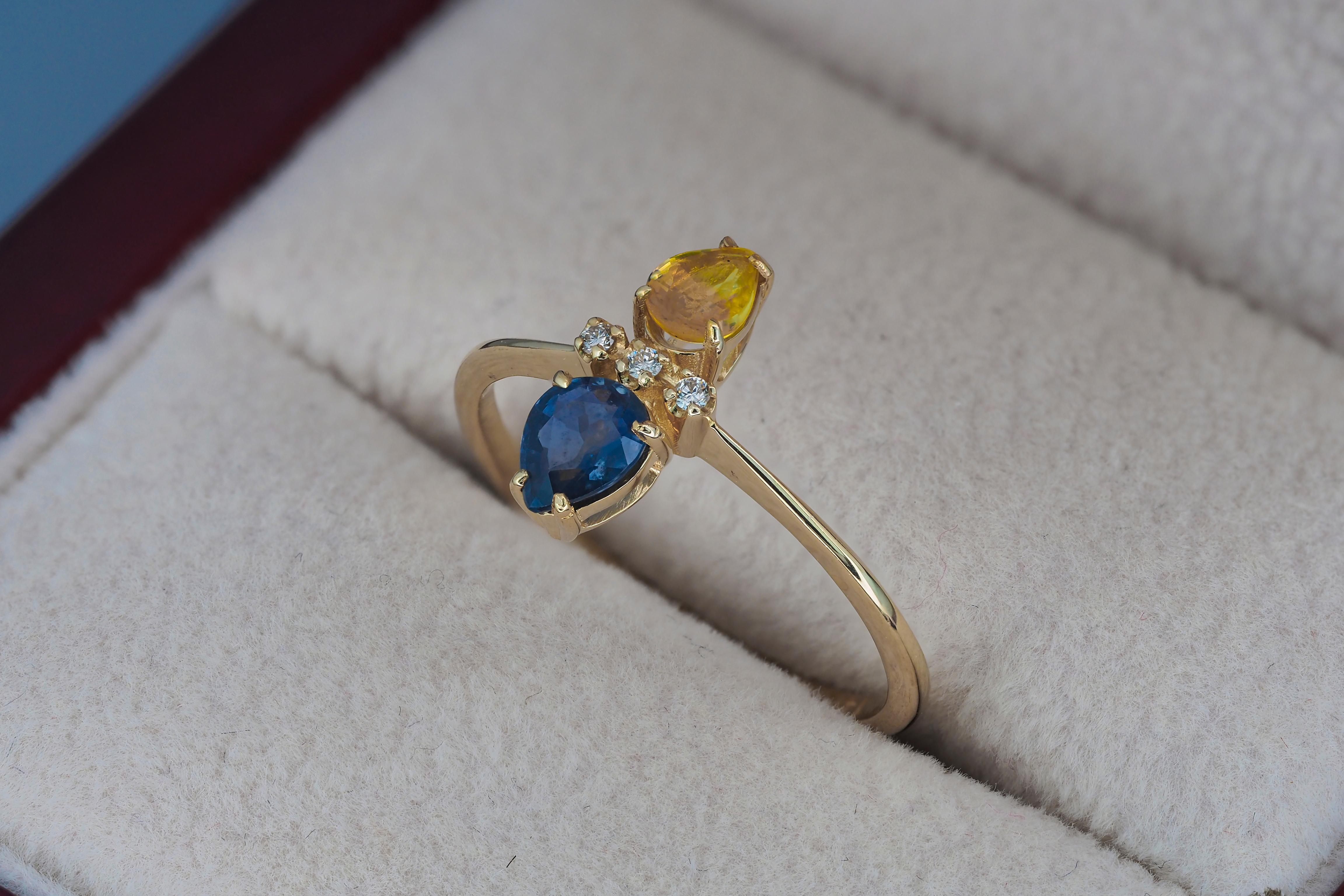 For Sale:  14k Gold Ring in Art Deco Style with Central Sapphires and Diamonds 7