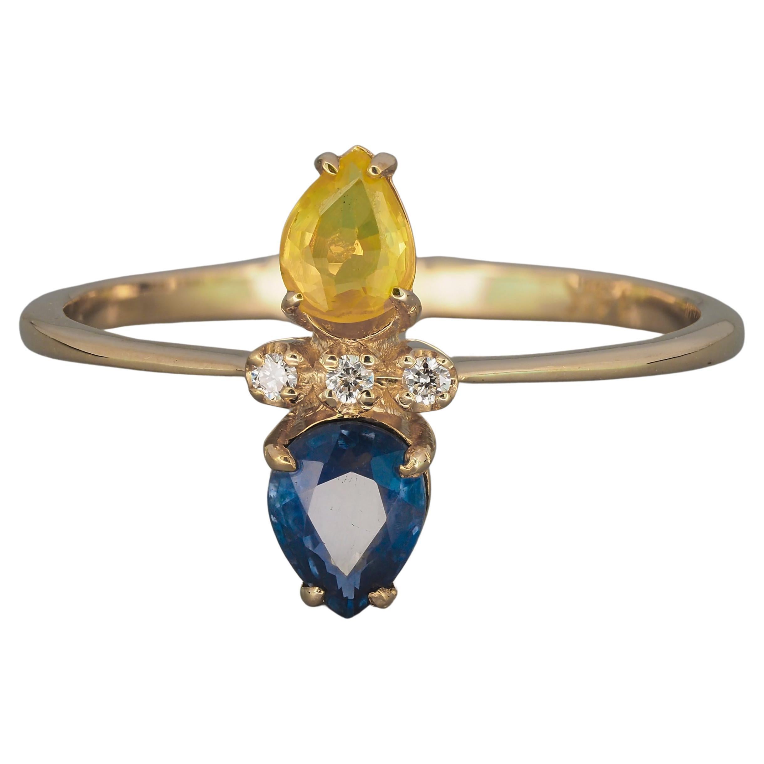 14k Gold Ring in Art Deco Style with Central Sapphires and Diamonds