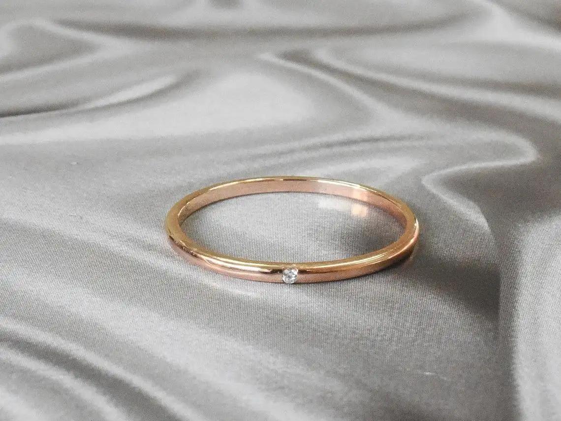For Sale:  14k Gold Ring Thin Gold One Diamond Ring Band Stackable Stacking Ring 2