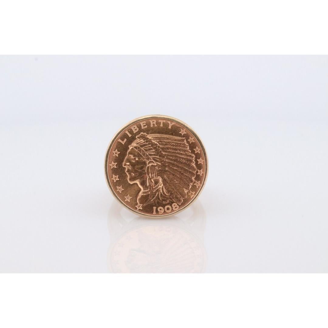 14k Gold ring with a 22K 2.5 Dollar 1908 Indian Chief Head Coin bezel set. Bezel 1