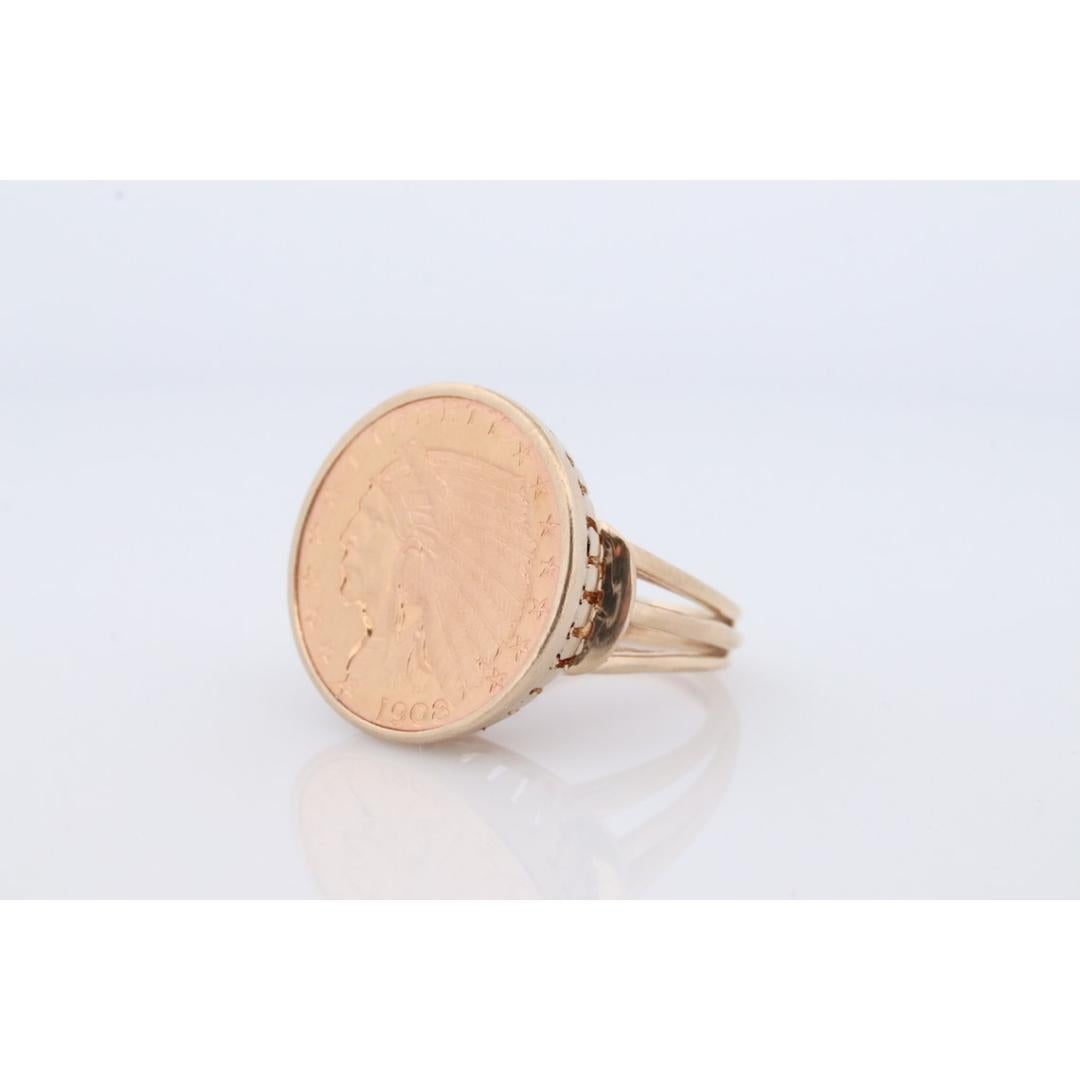 14k Gold ring with a 22K 2.5 Dollar 1908 Indian Chief Head Coin bezel set. Bezel 3