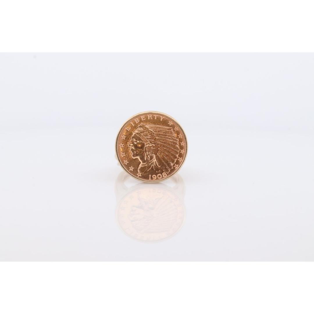 14k Gold ring with a 22K 2.5 Dollar 1908 Indian Chief Head Coin bezel set. Bezel 5