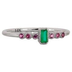 14k Gold Ring with Baguette Cut Emerald and Sapphires