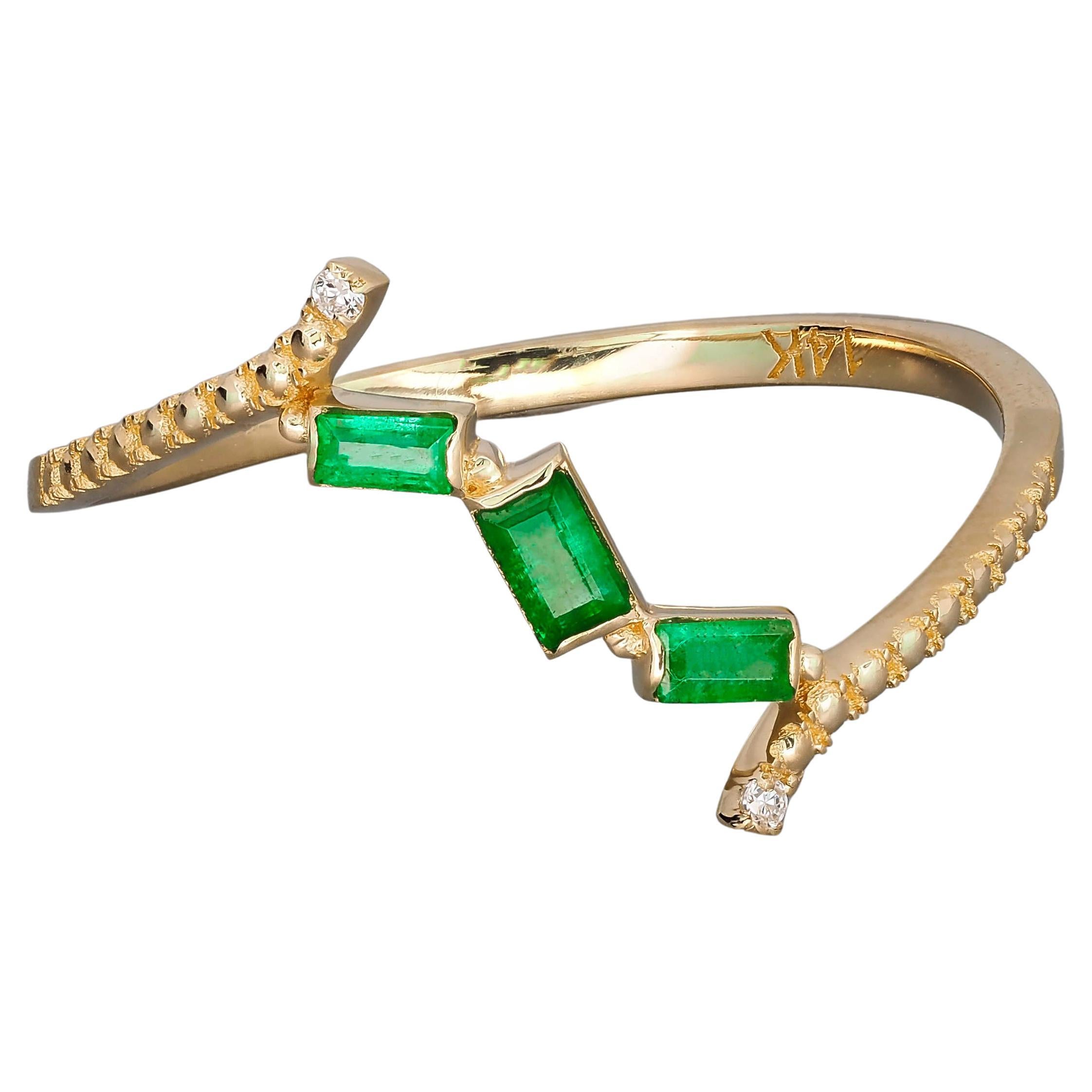 14k Gold Ring with Baguette Emeralds and Diamonds!