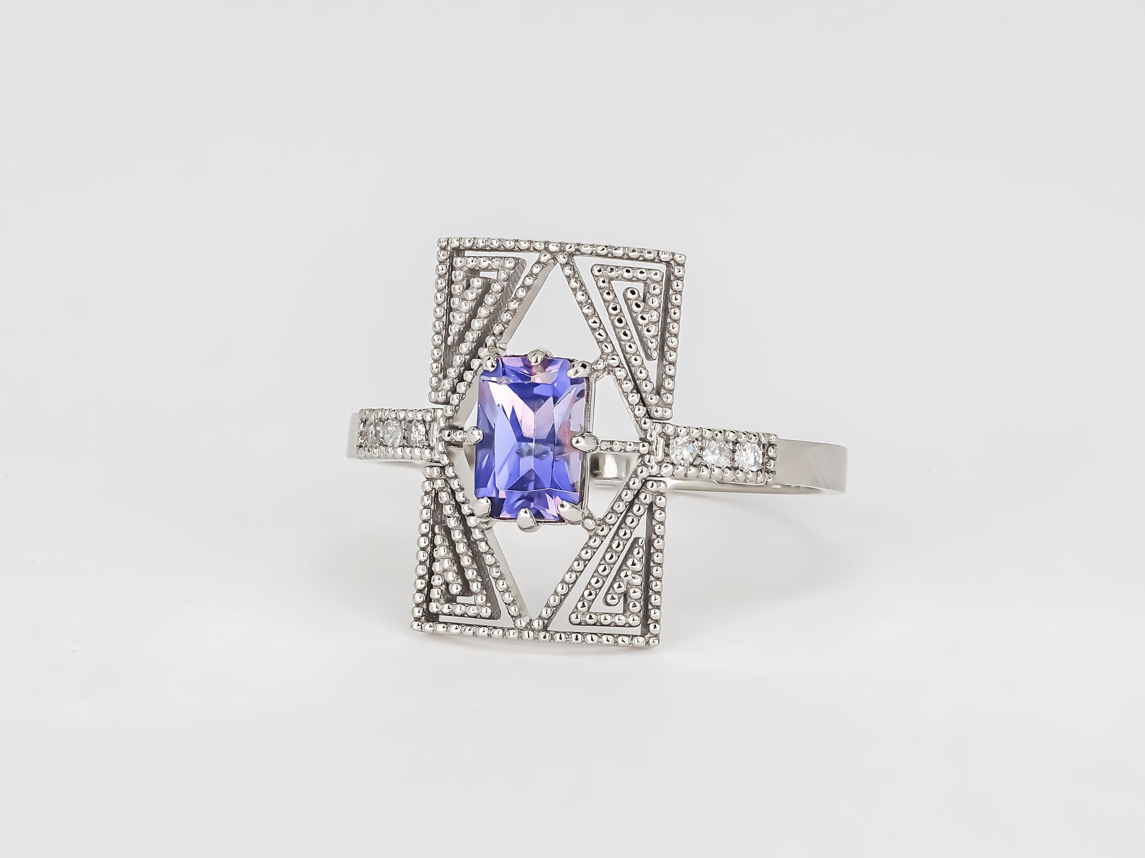 Emerald Cut 14k Gold Ring with Blue Spinel and Diamonds For Sale