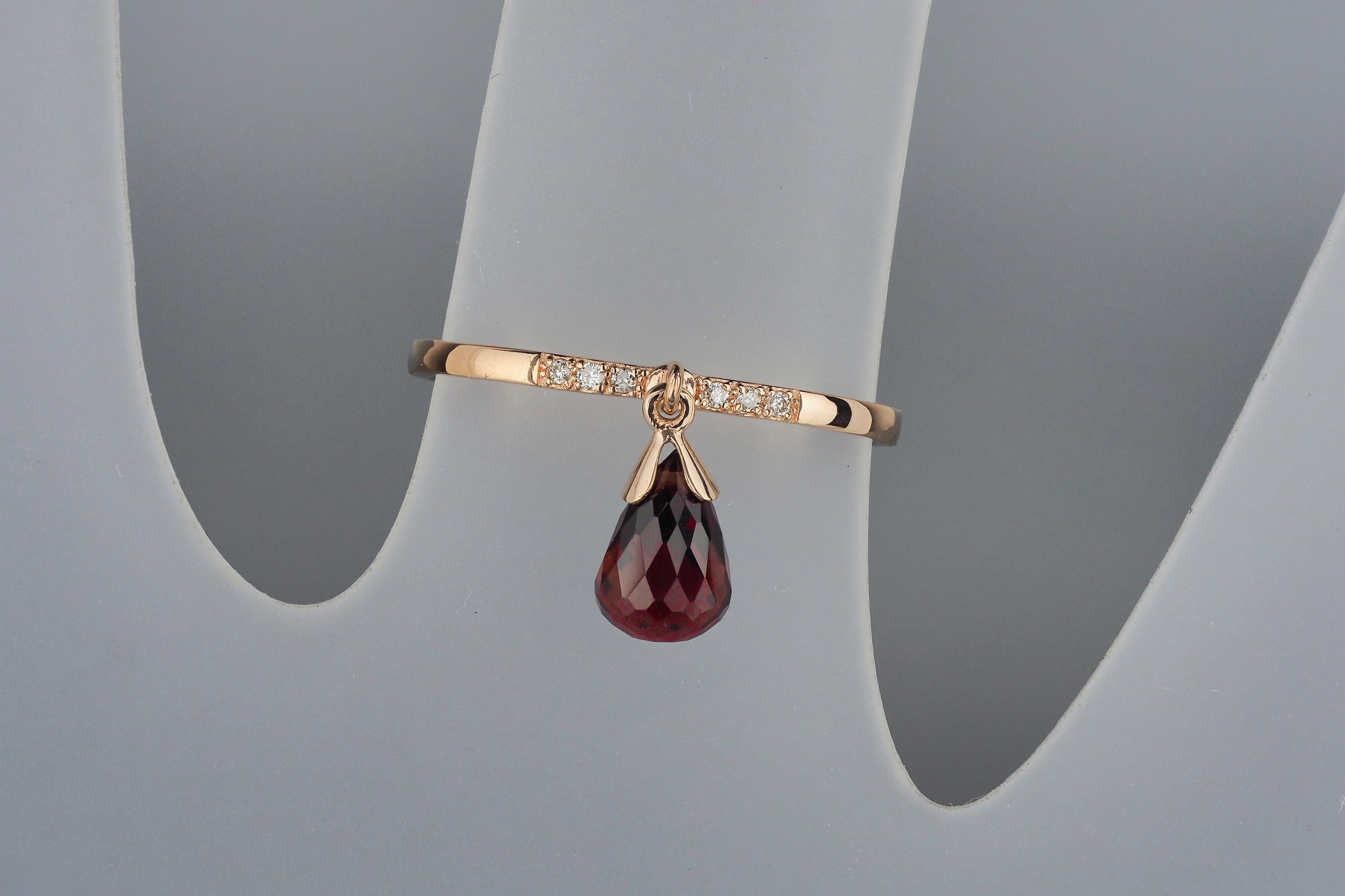 For Sale:  14k Gold Ring with Briolette Cut Garnet and Diamonds 10