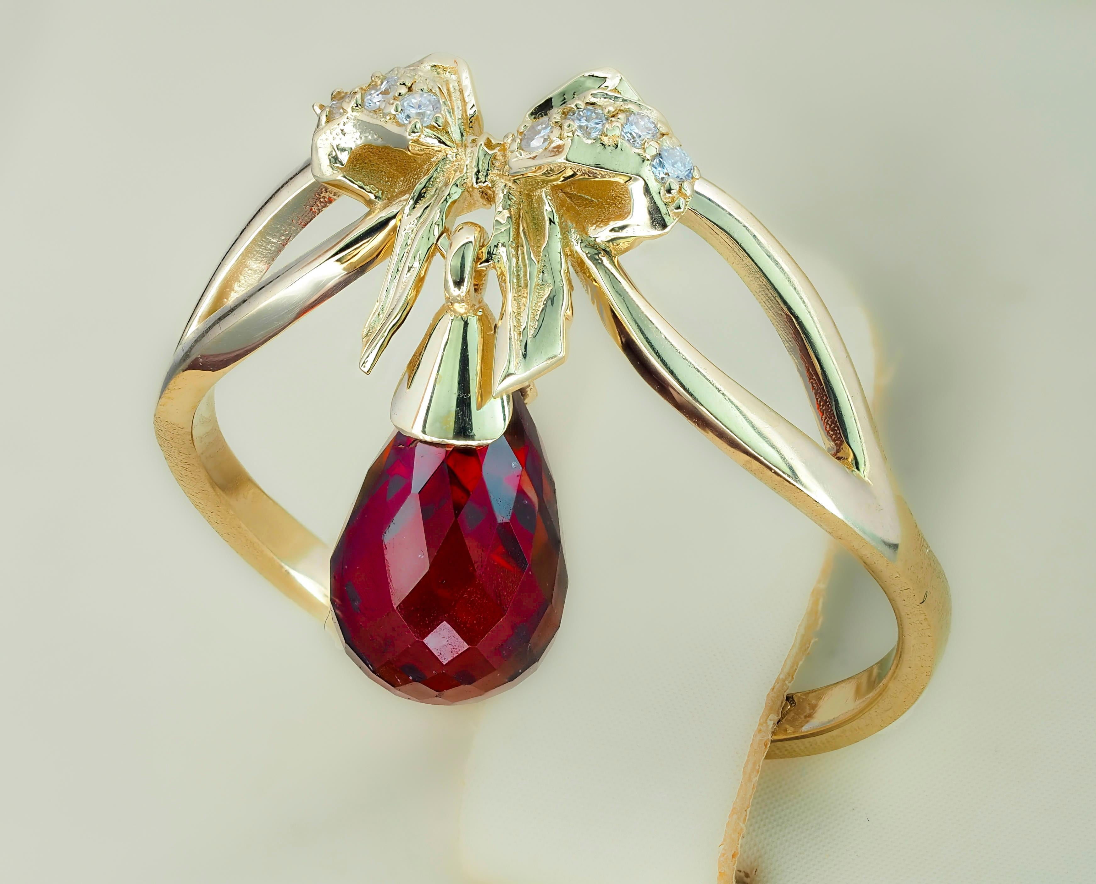 For Sale:  Briolette garnet bow ring in 14k gold 10