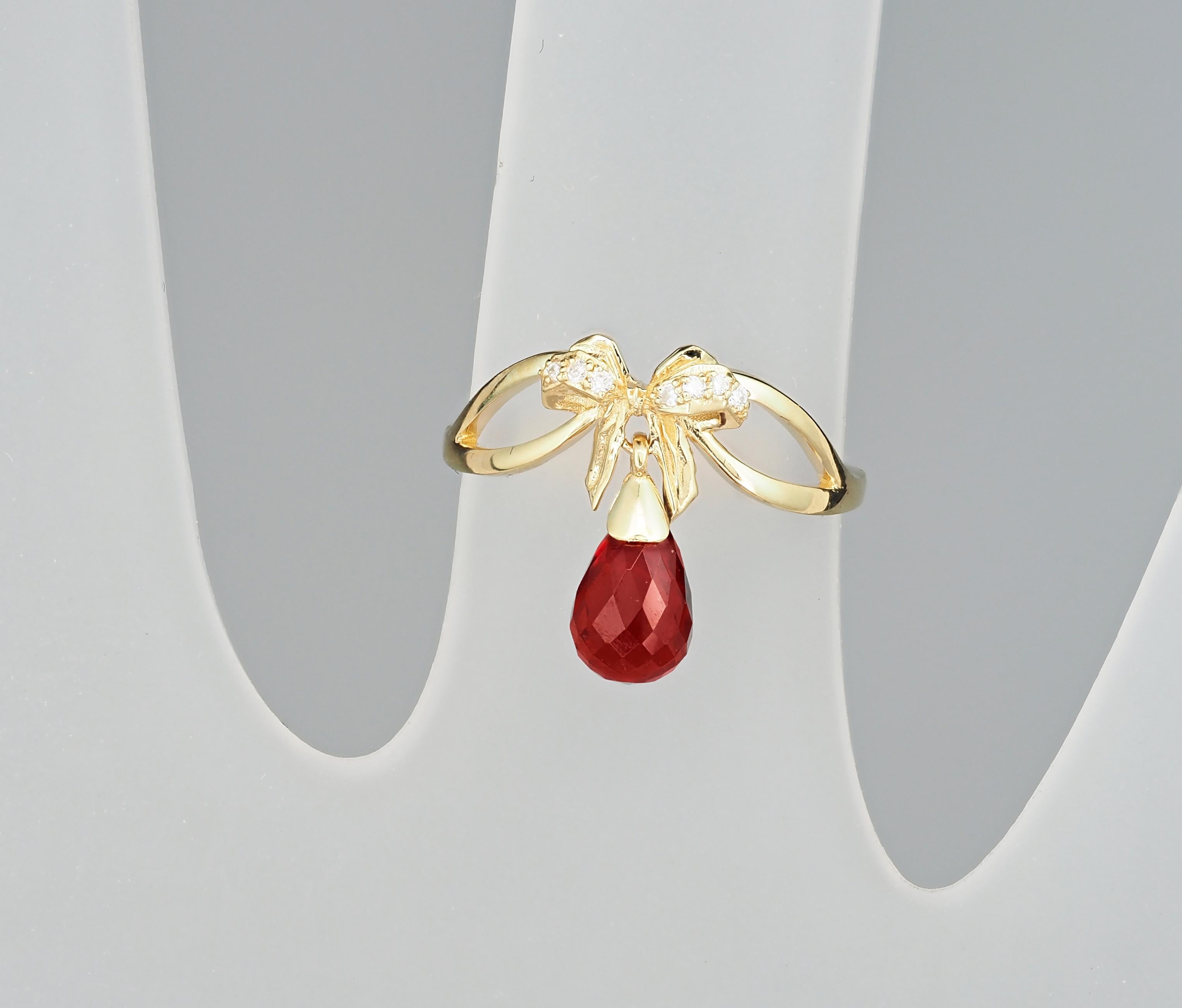 For Sale:  Briolette garnet bow ring in 14k gold 11