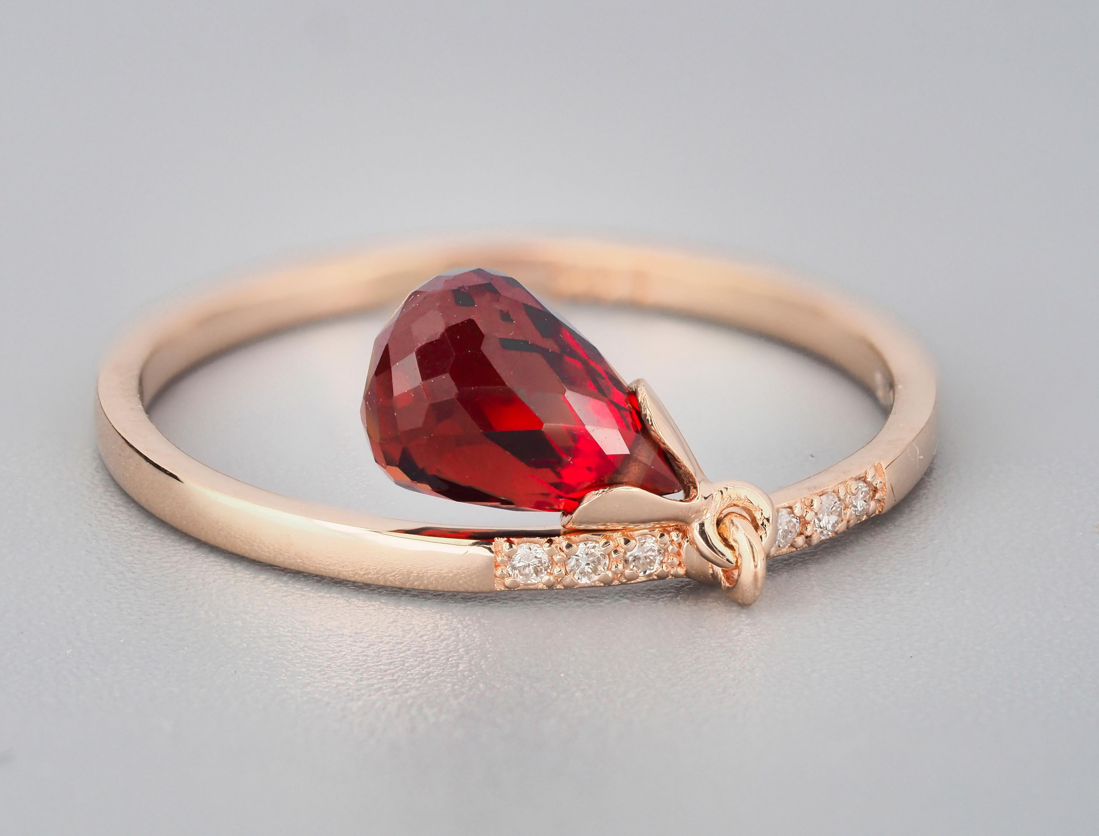 For Sale:  14k Gold Ring with Briolette Cut Garnet and Diamonds 2