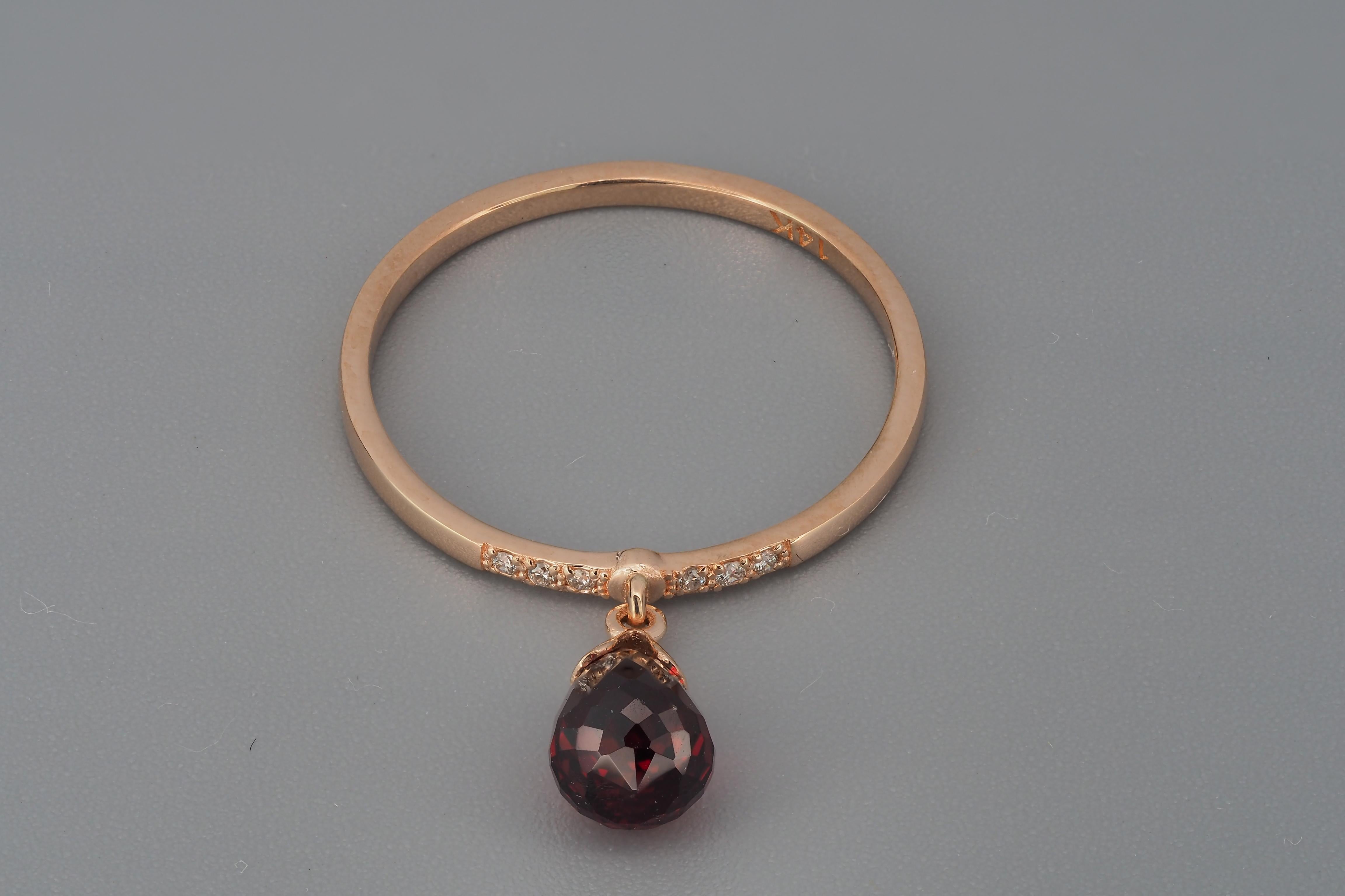 For Sale:  14k Gold Ring with Briolette Cut Garnet and Diamonds 3