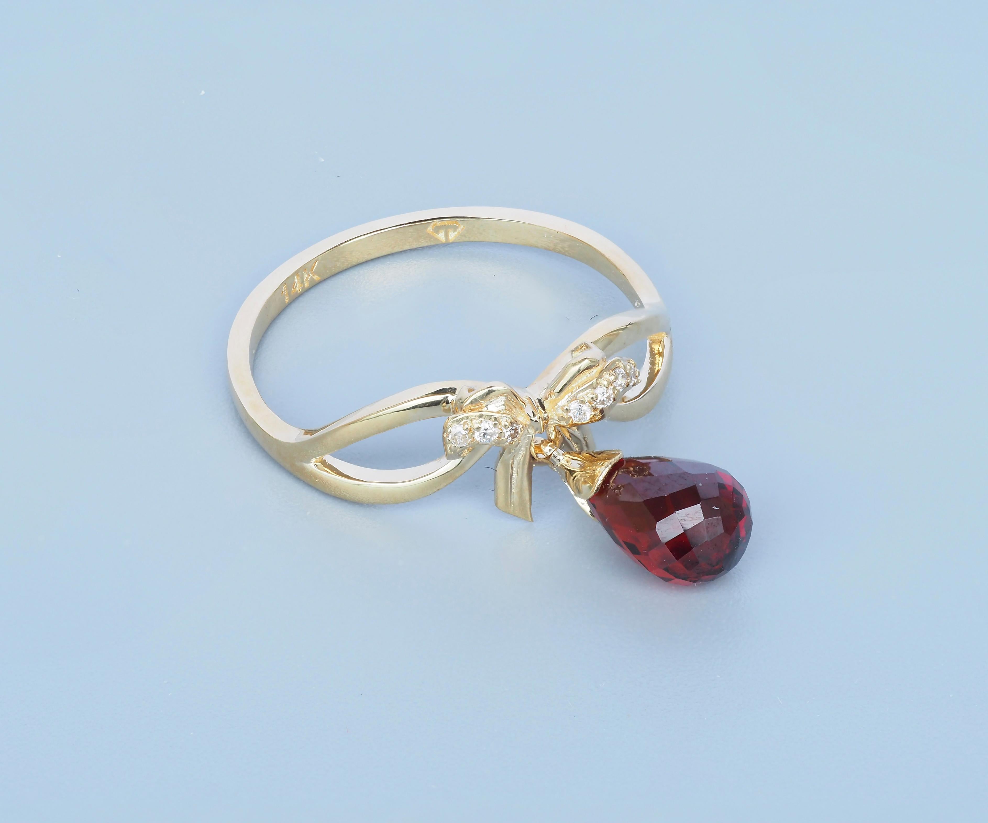For Sale:  Briolette garnet bow ring in 14k gold 3
