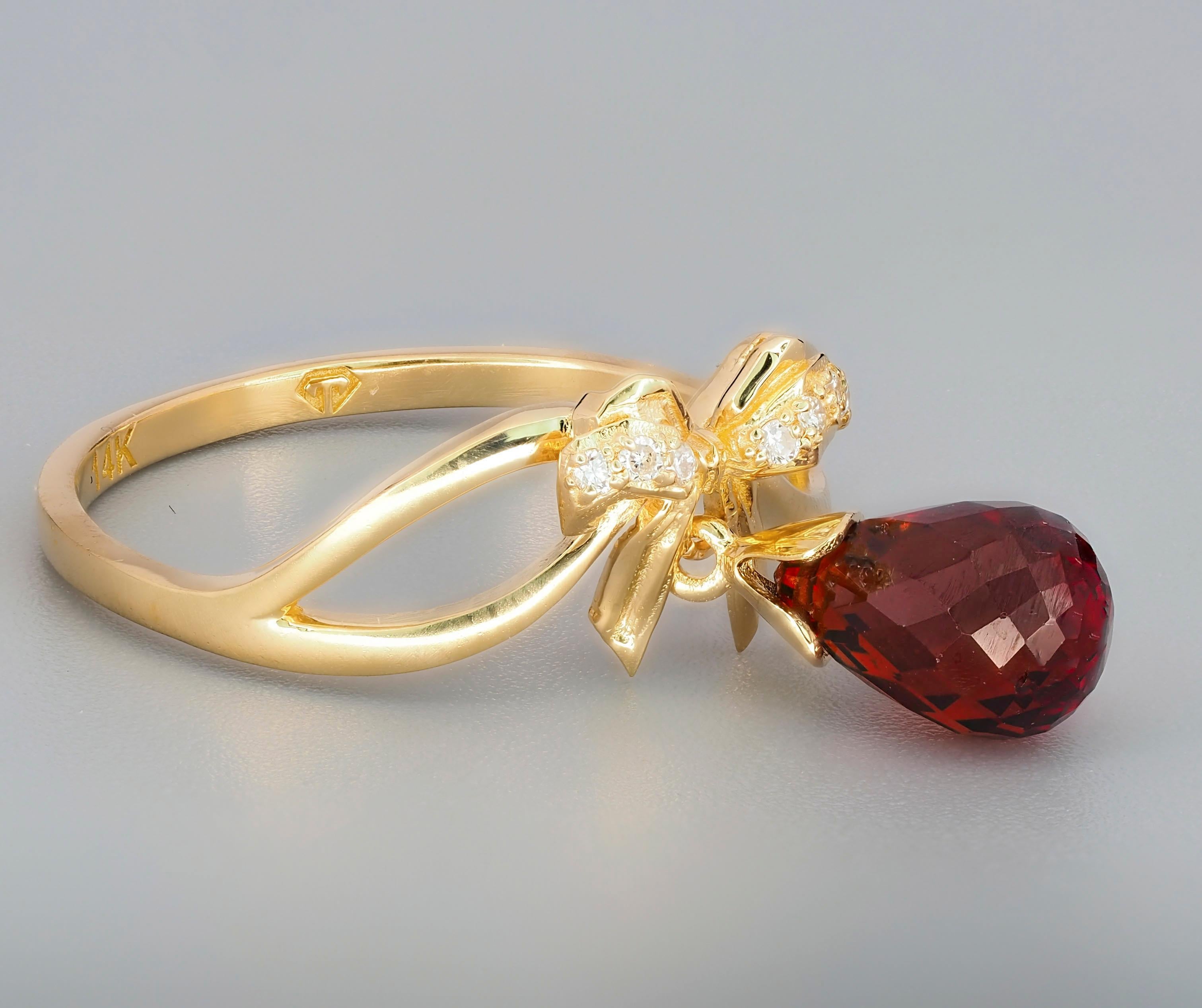 For Sale:  Briolette garnet bow ring in 14k gold 4