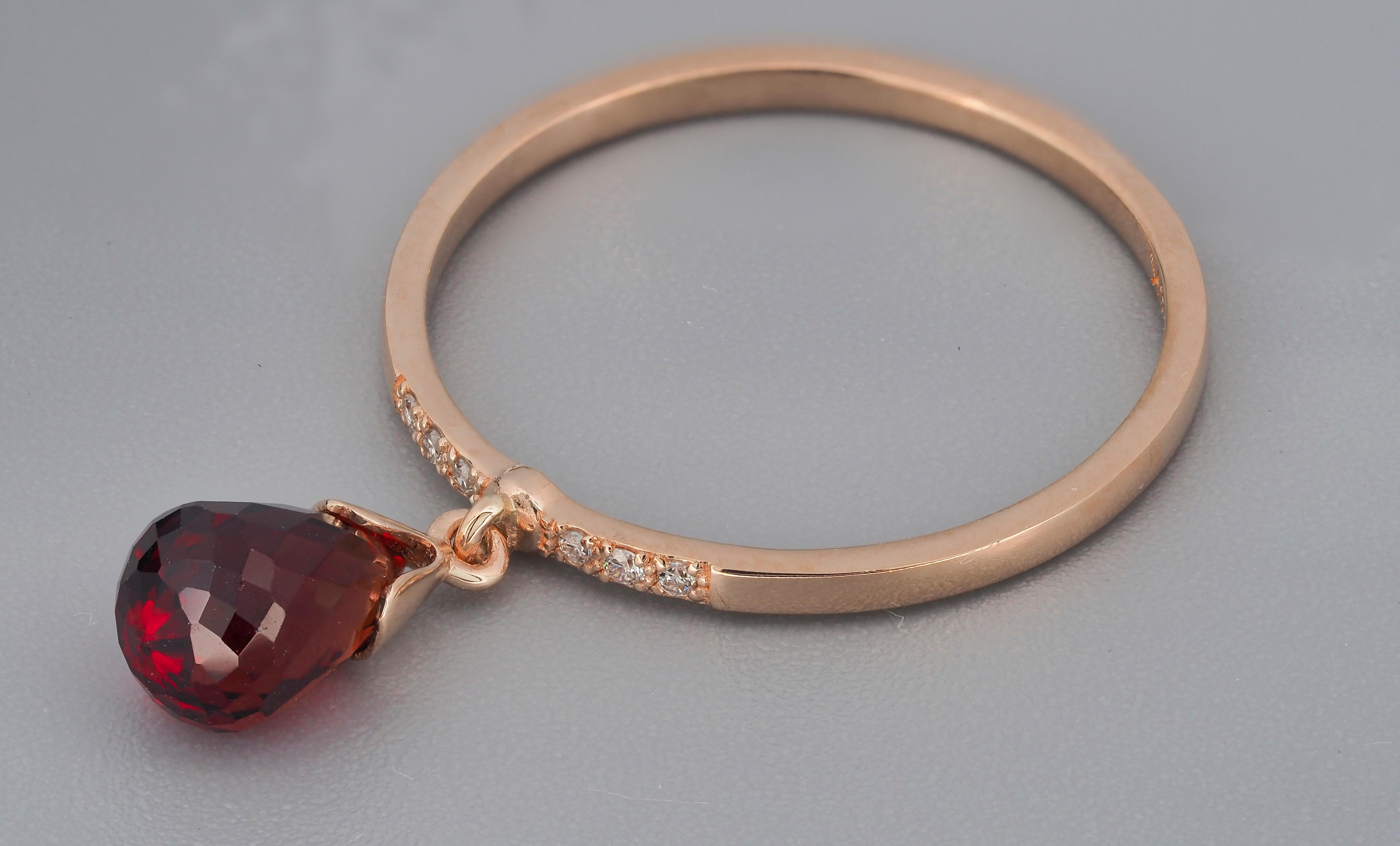 For Sale:  14k Gold Ring with Briolette Cut Garnet and Diamonds 5
