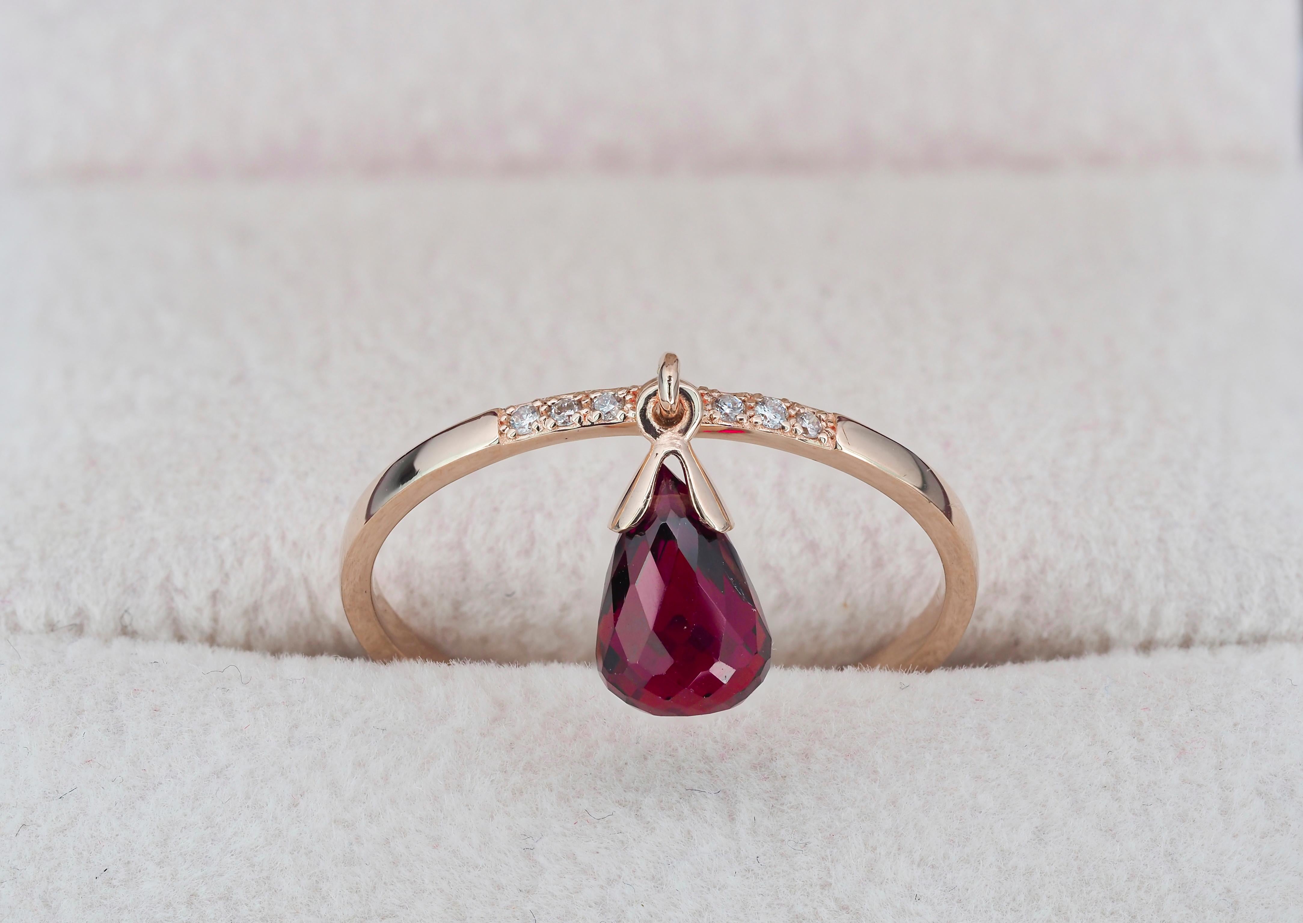 For Sale:  14k Gold Ring with Briolette Cut Garnet and Diamonds 6