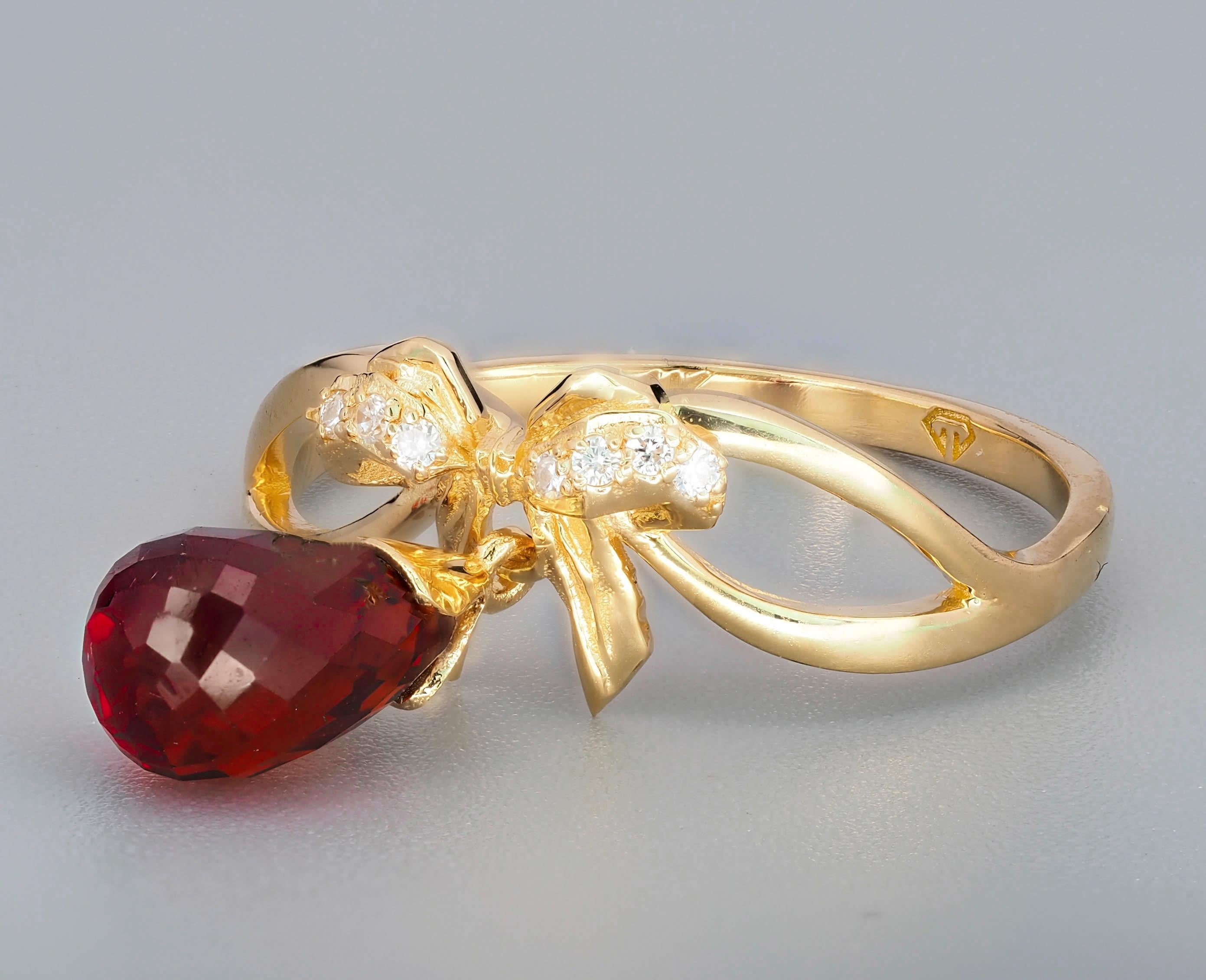 For Sale:  Briolette garnet bow ring in 14k gold 6