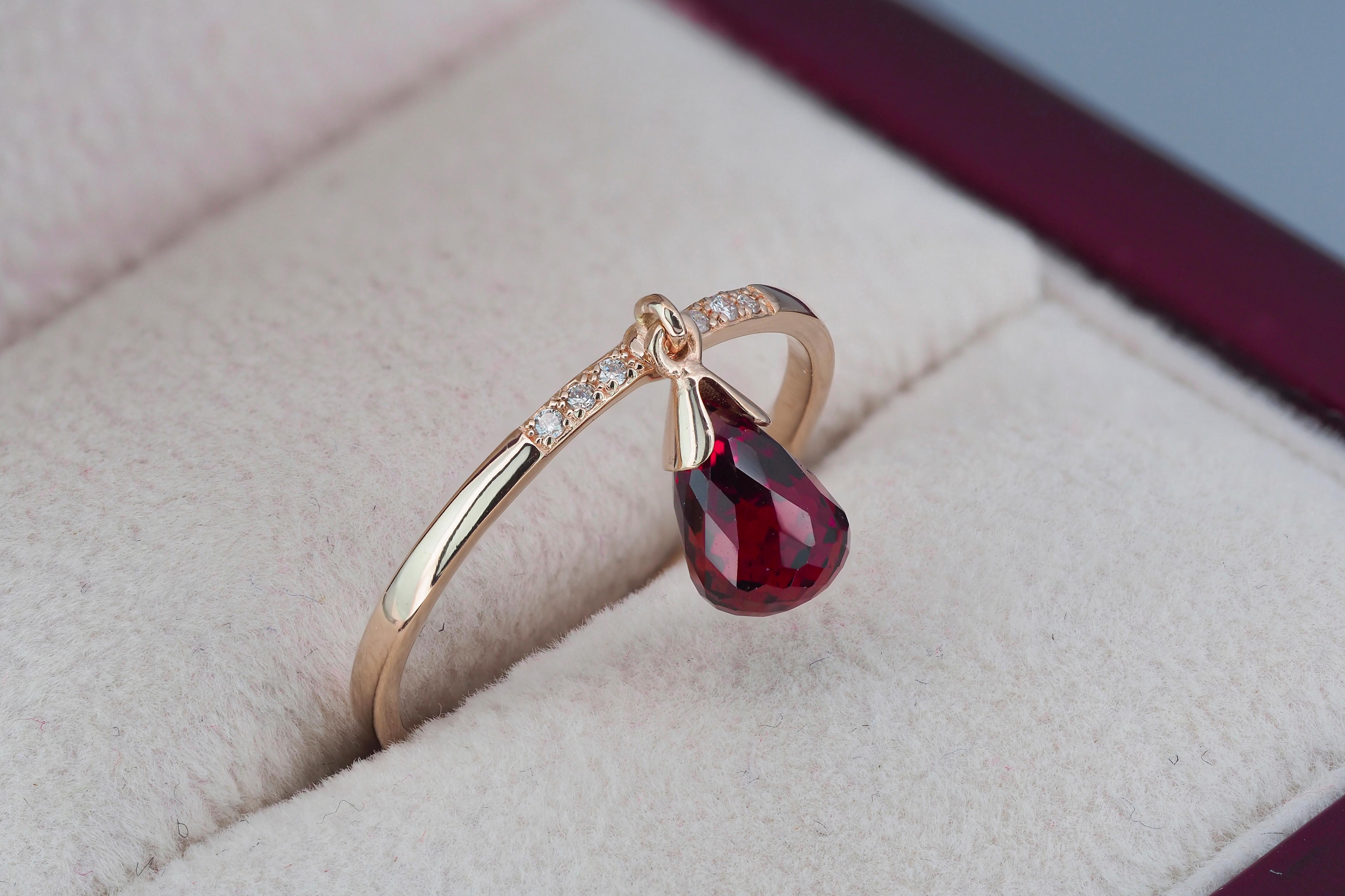 For Sale:  14k Gold Ring with Briolette Cut Garnet and Diamonds 7