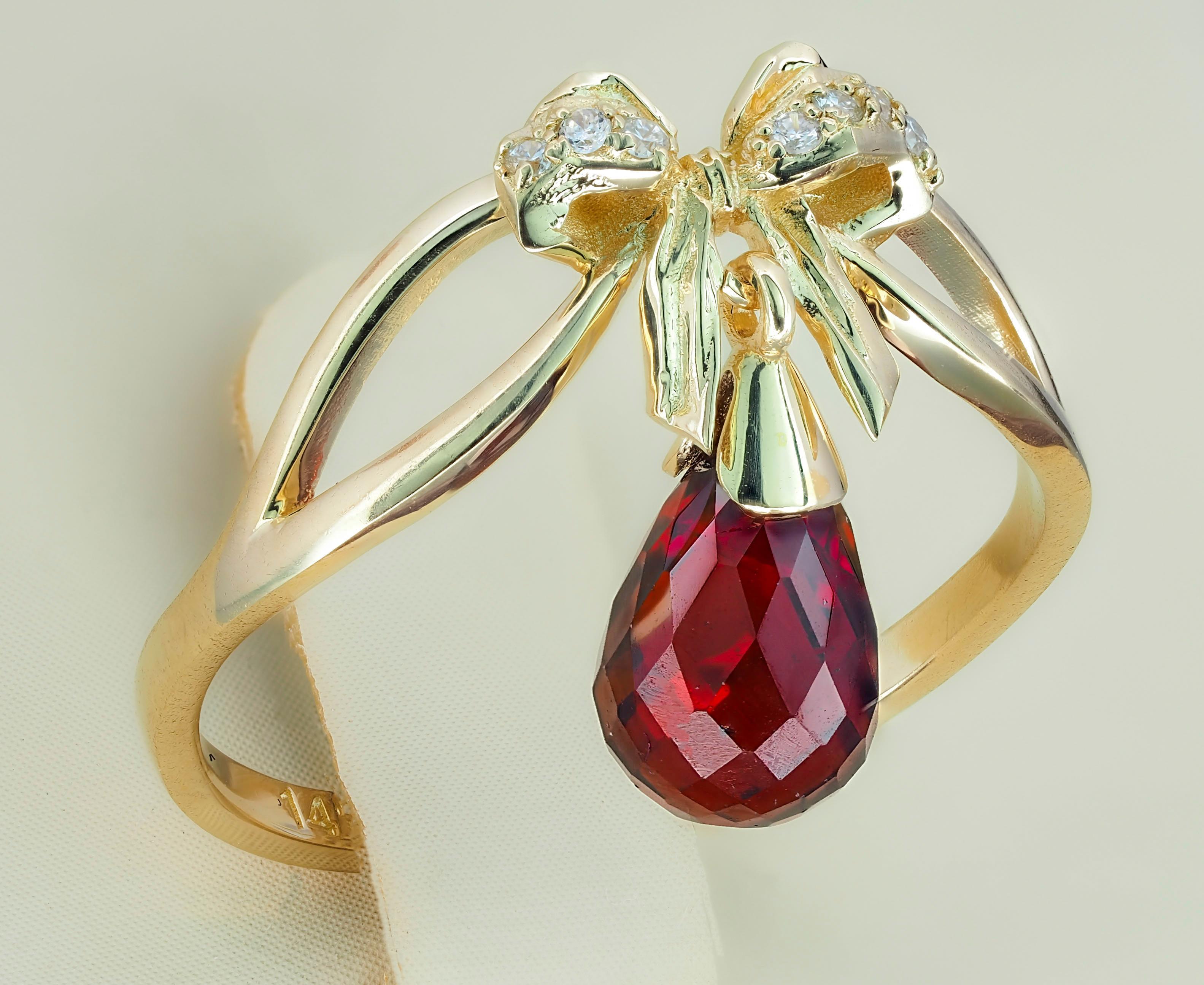 For Sale:  Briolette garnet bow ring in 14k gold 8