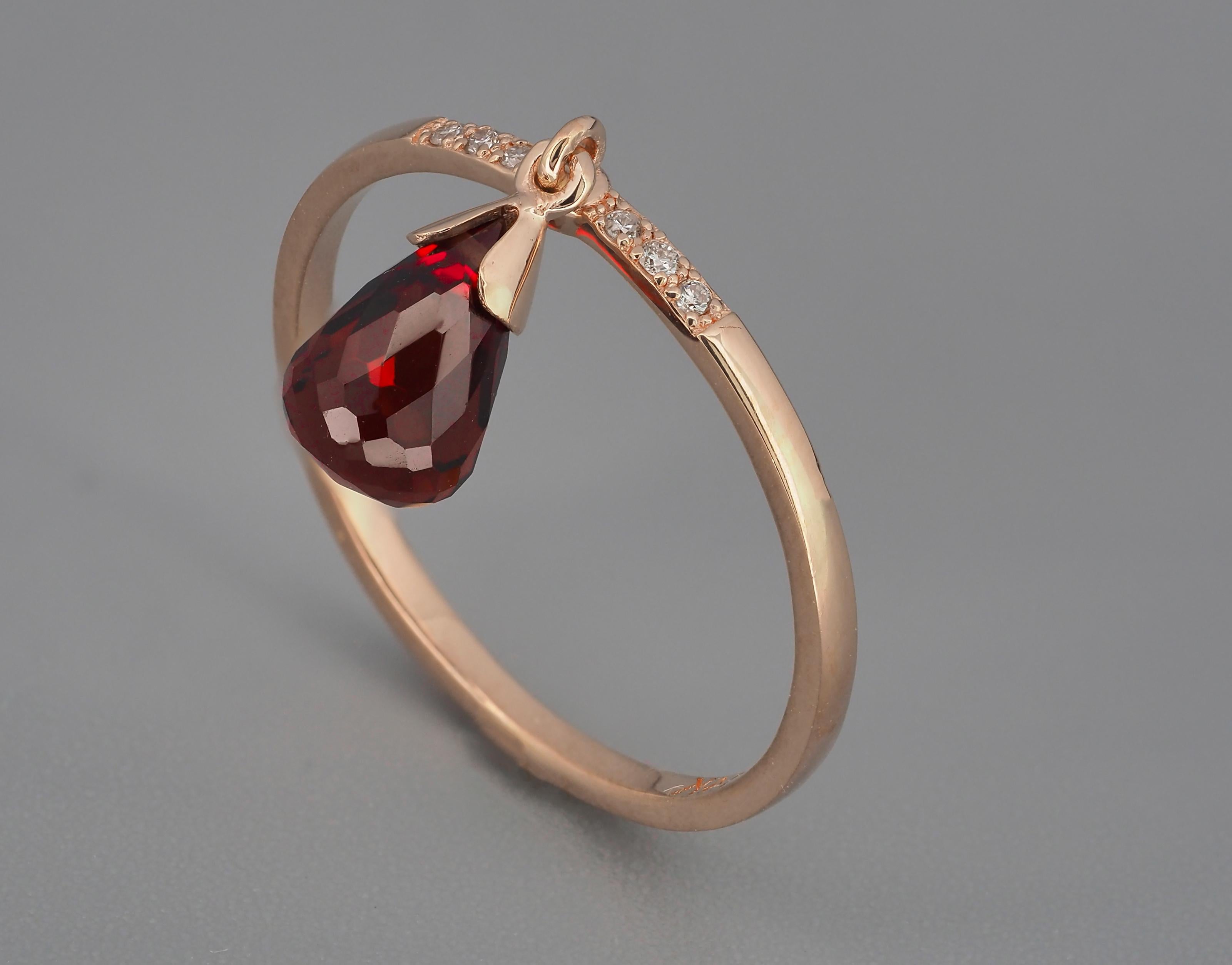 For Sale:  14k Gold Ring with Briolette Cut Garnet and Diamonds 9