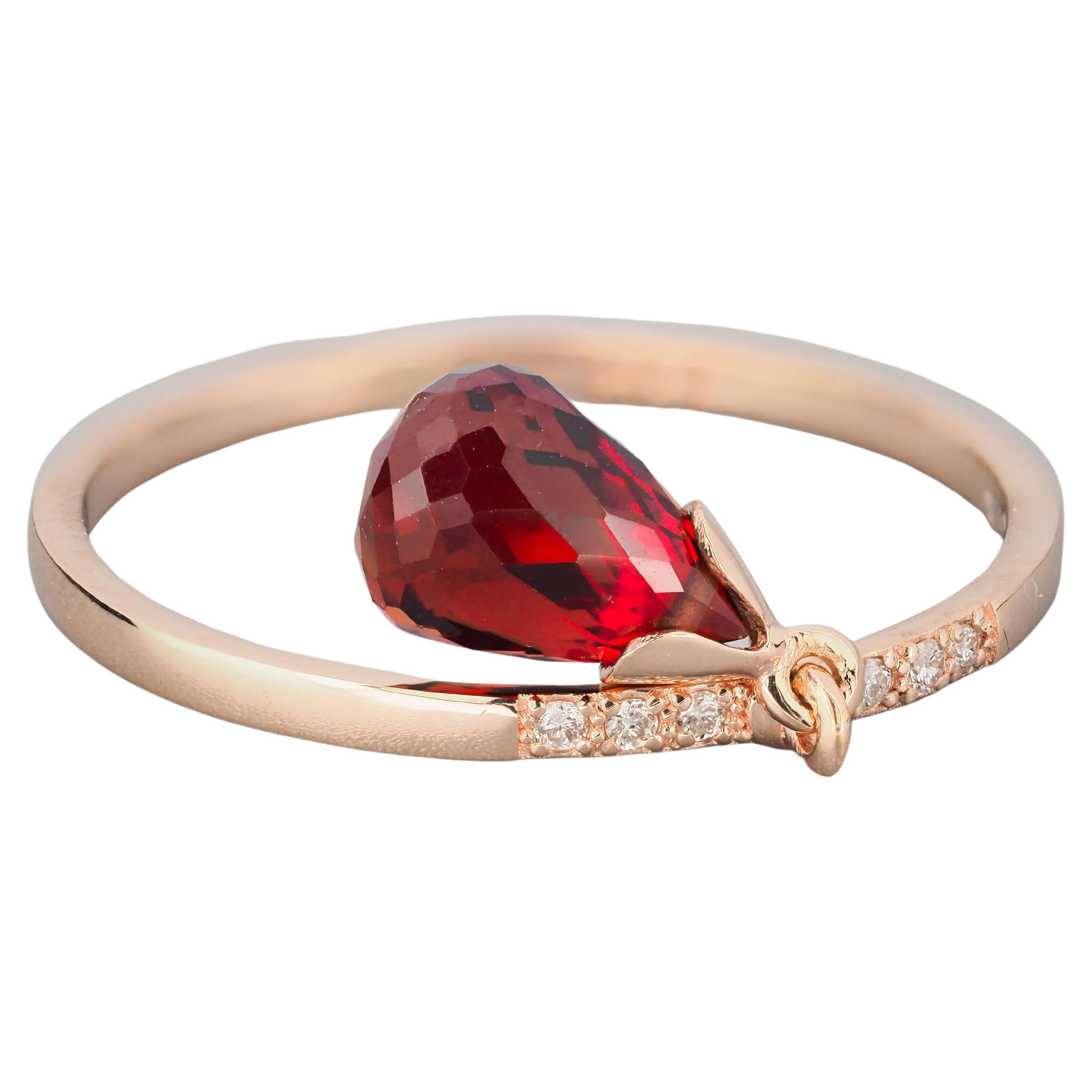For Sale:  14k Gold Ring with Briolette Cut Garnet and Diamonds