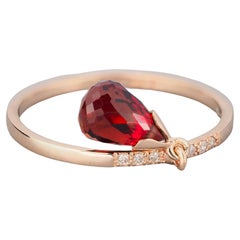 14k Gold Ring with Briolette Cut Garnet and Diamonds