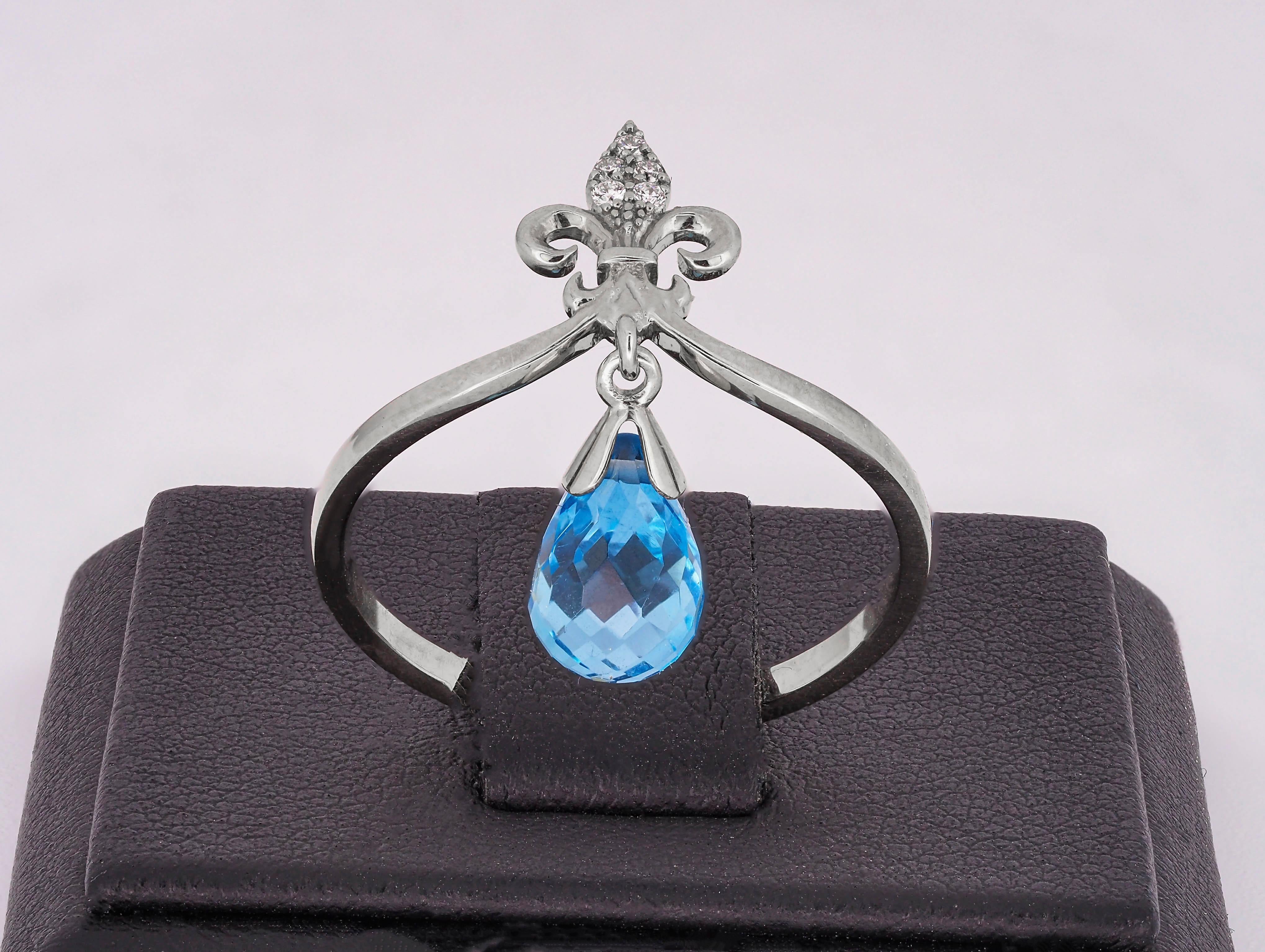 For Sale:  14k Gold Ring with Briolette Cut Topaz and Diamonds 10