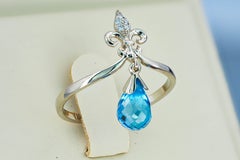 14k Gold Ring with Briolette Cut Topaz and Diamonds