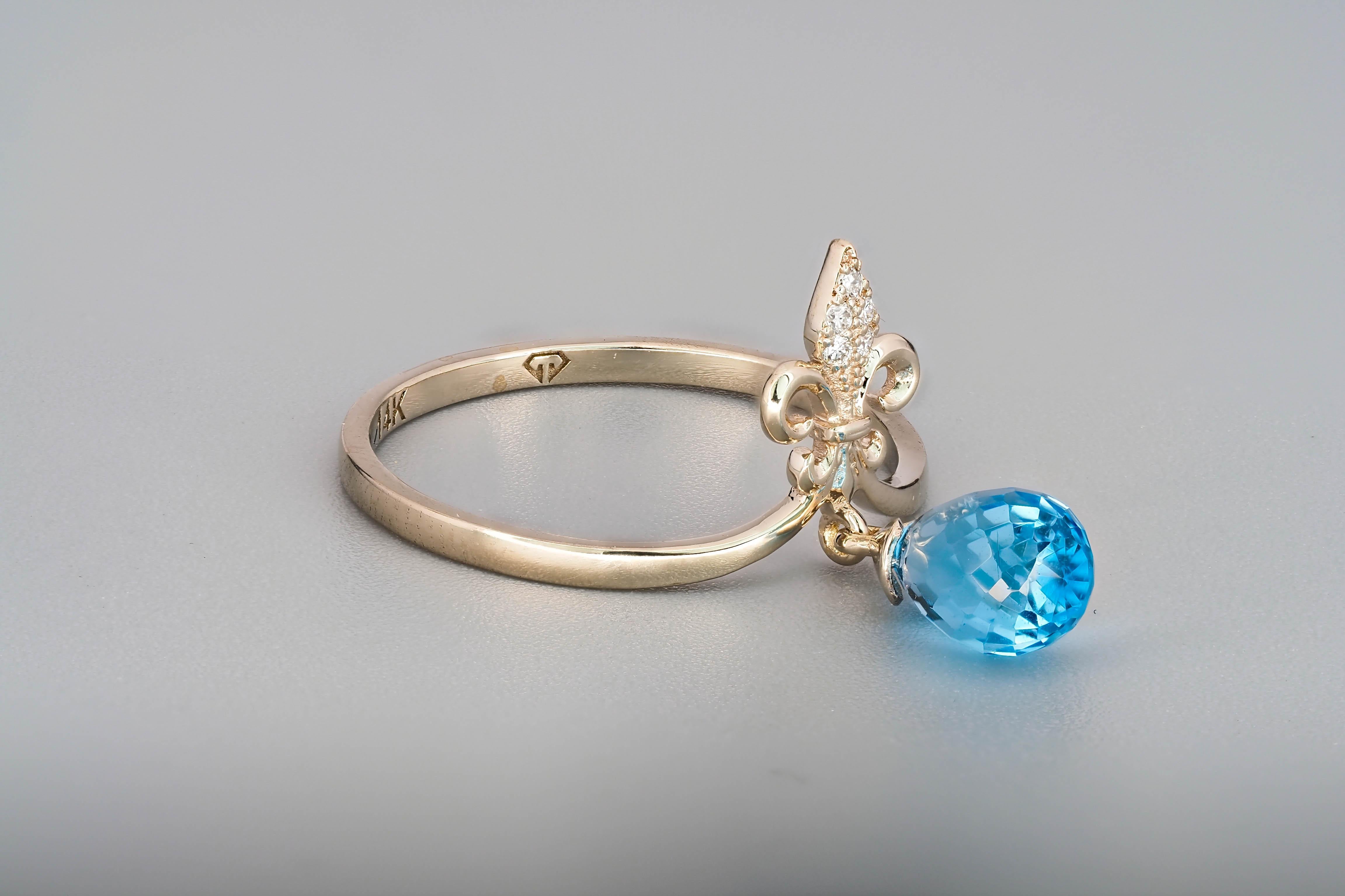 For Sale:  14k Gold Ring with Briolette Cut Topaz and Diamonds 6