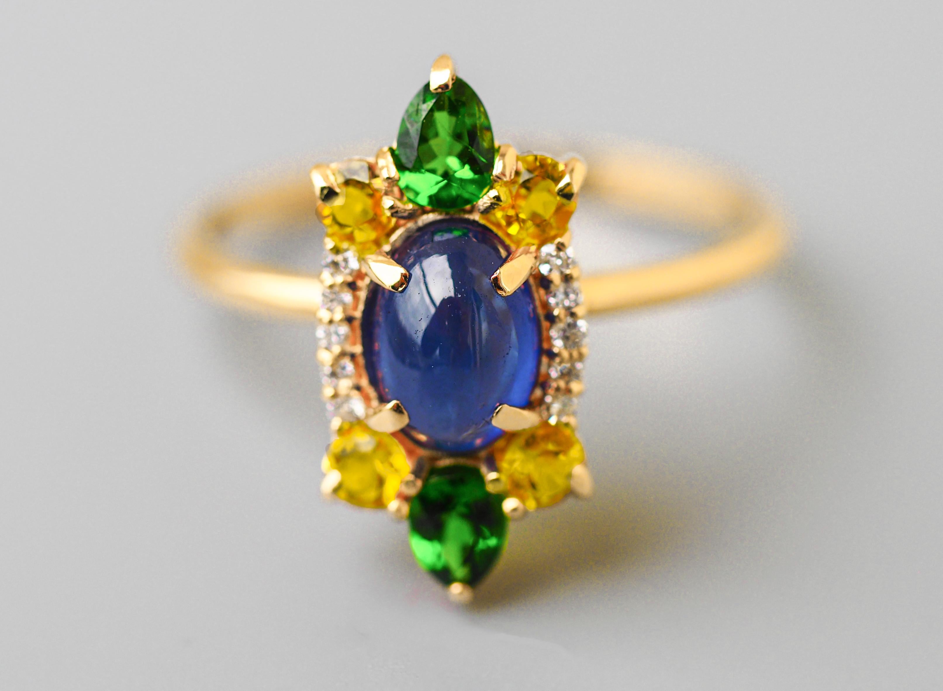 14k Gold ring with cabochon Sapphire, Chrome diopsides, Sapphires, Diamonds.  For Sale 4
