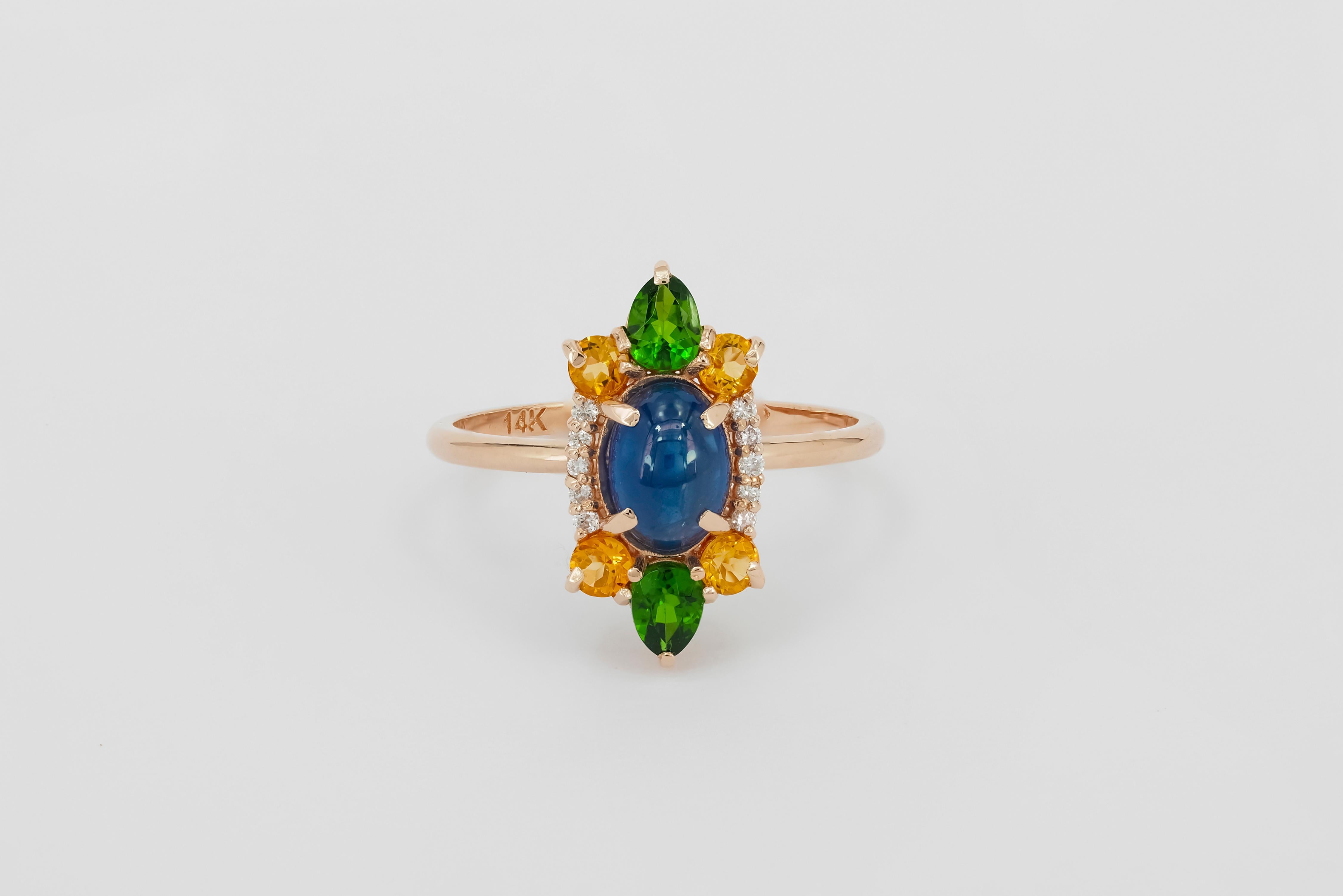 Modern 14k Gold ring with cabochon Sapphire, Chrome diopsides, Sapphires, Diamonds.  For Sale