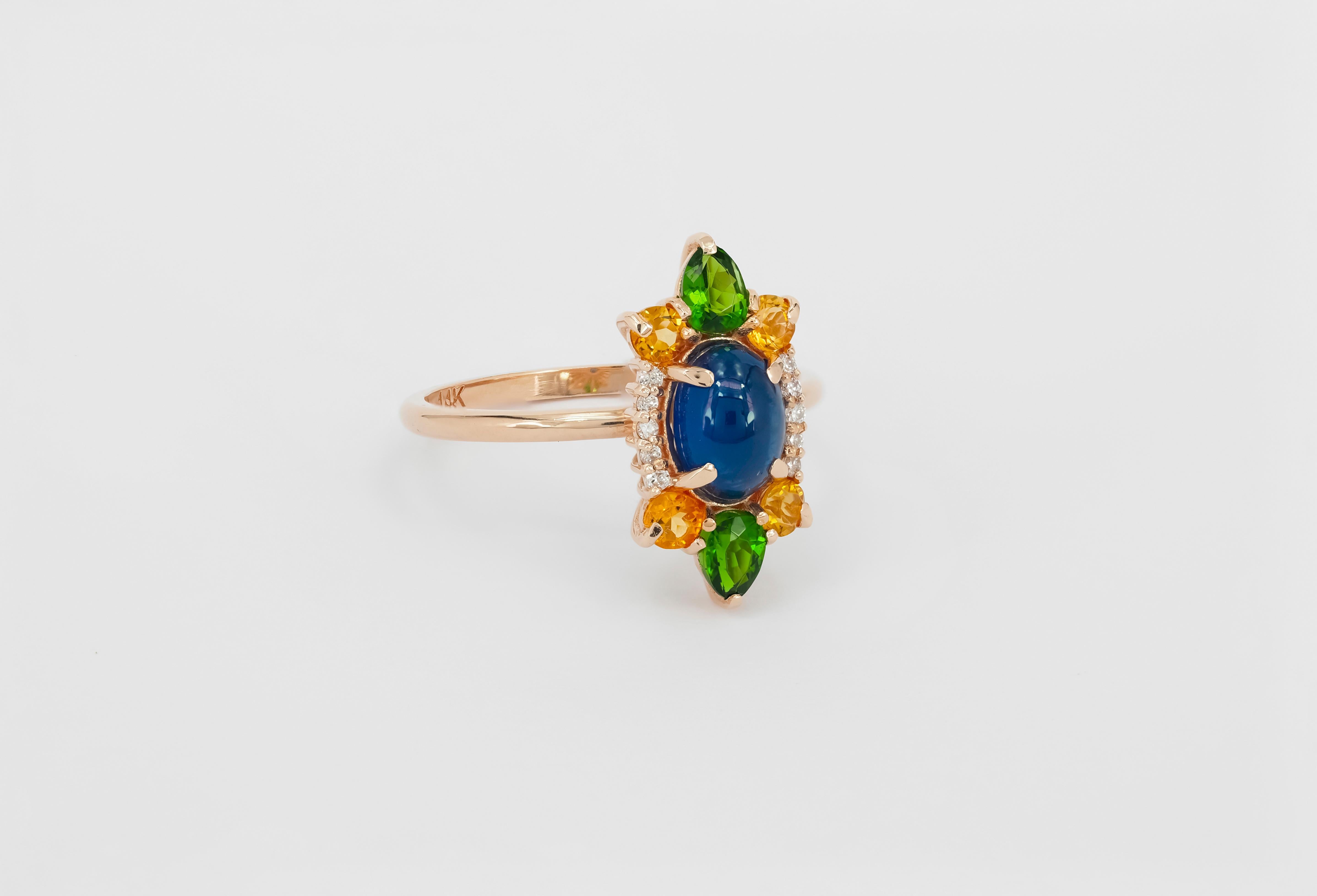 Oval Cut 14k Gold ring with cabochon Sapphire, Chrome diopsides, Sapphires, Diamonds.  For Sale