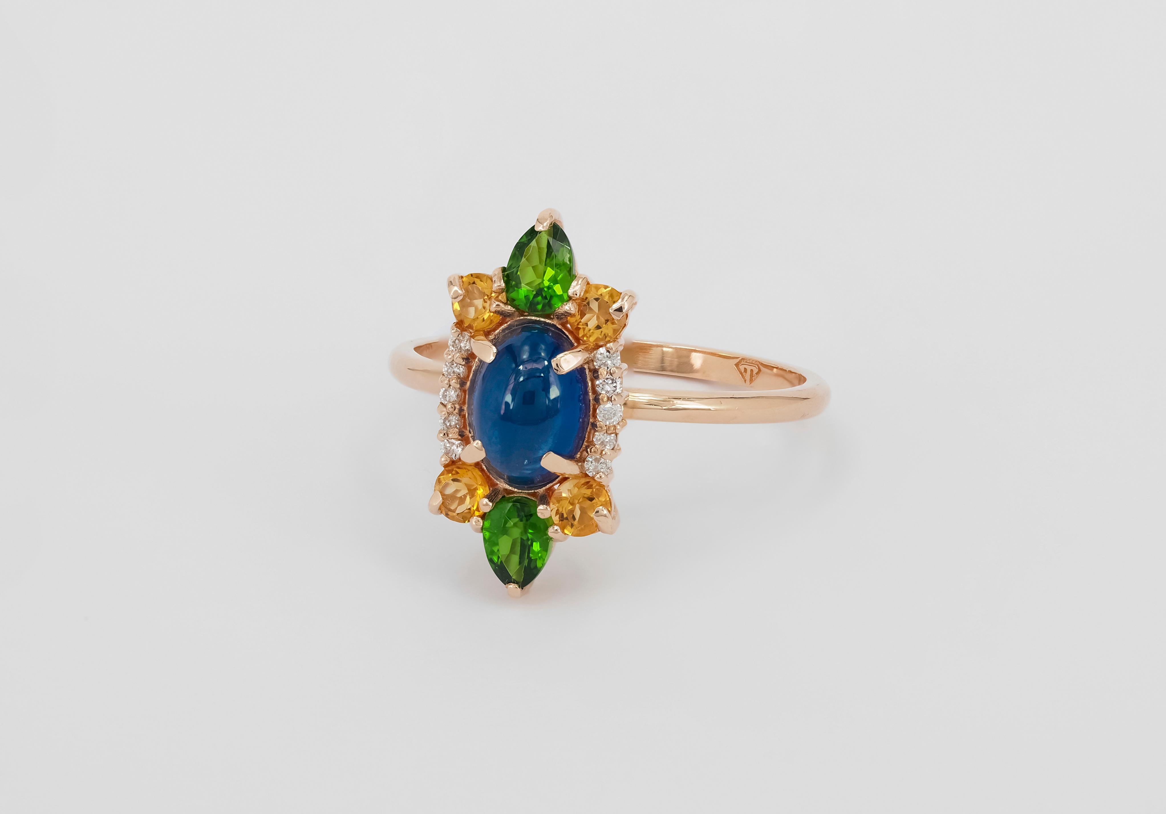 14k Gold ring with cabochon Sapphire, Chrome diopsides, Sapphires, Diamonds.  In New Condition For Sale In Istanbul, TR