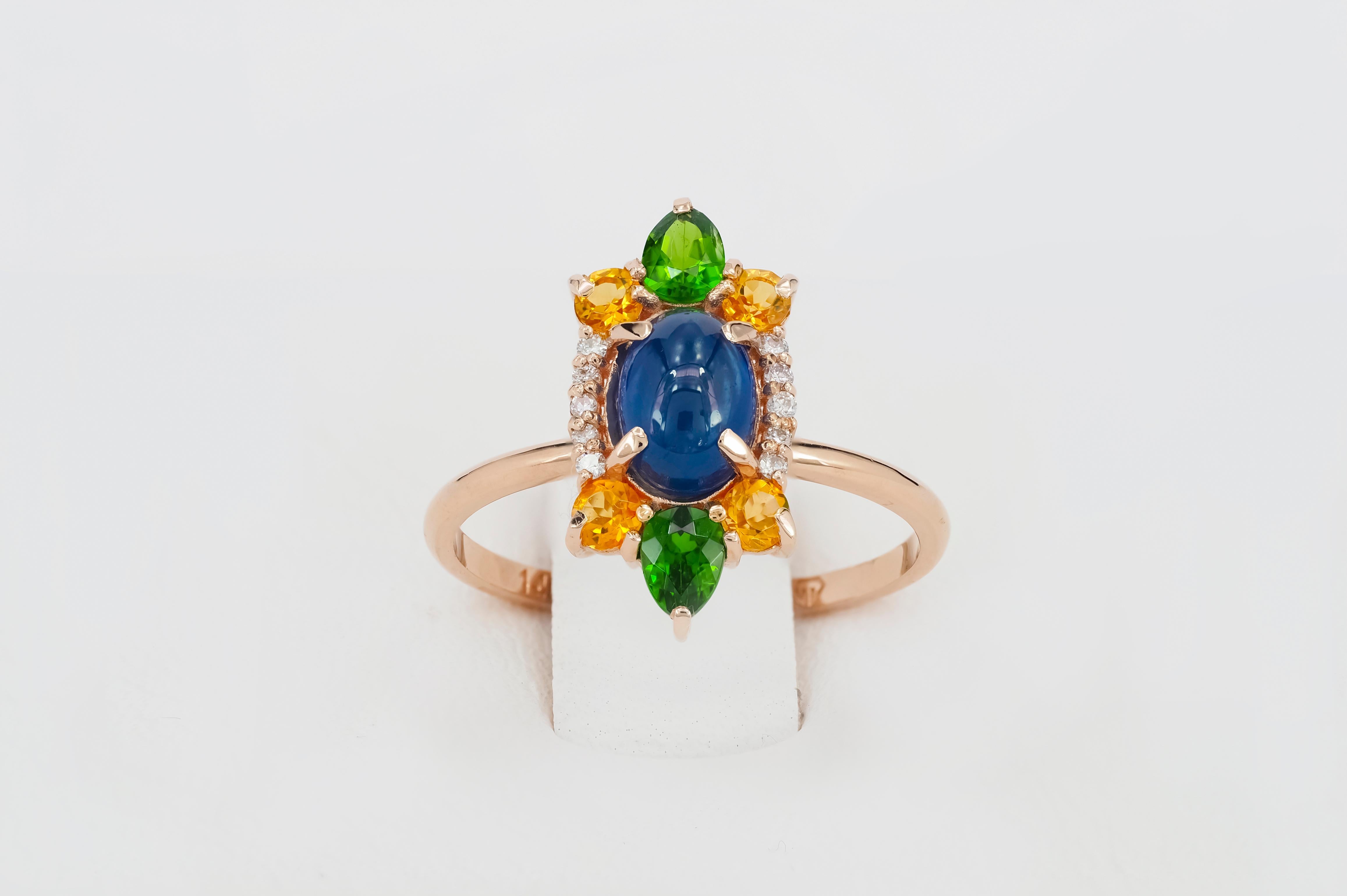 Women's 14k Gold ring with cabochon Sapphire, Chrome diopsides, Sapphires, Diamonds.  For Sale