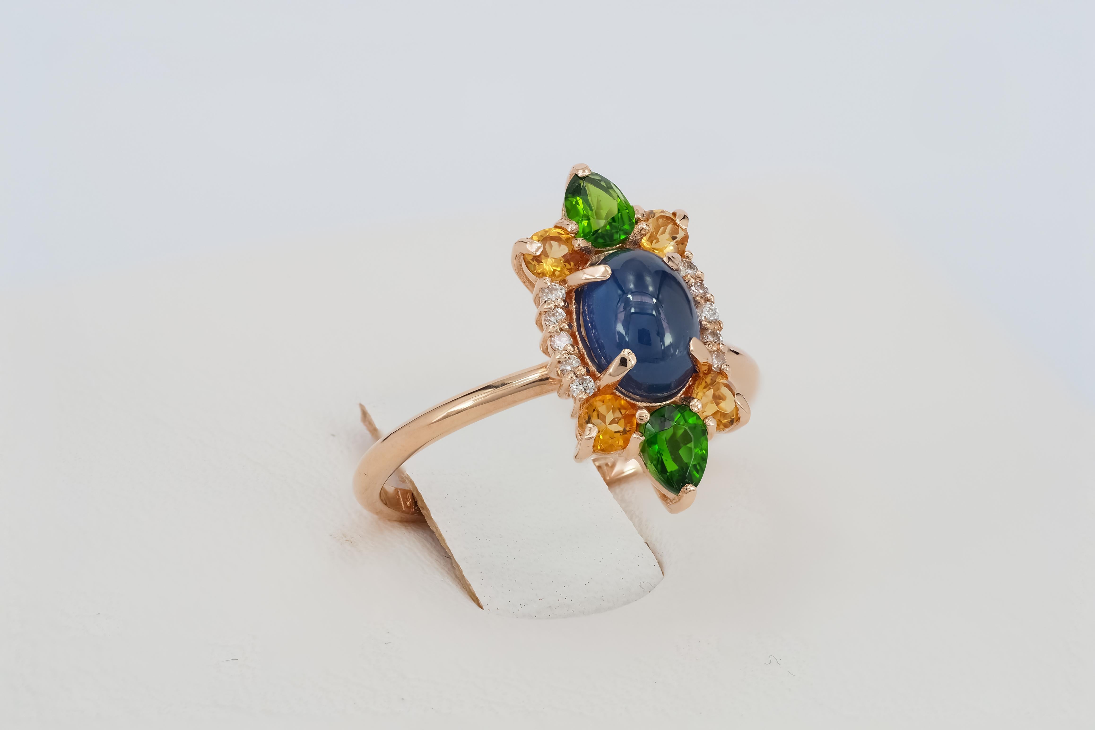 14k Gold ring with cabochon Sapphire, Chrome diopsides, Sapphires, Diamonds.  For Sale 1