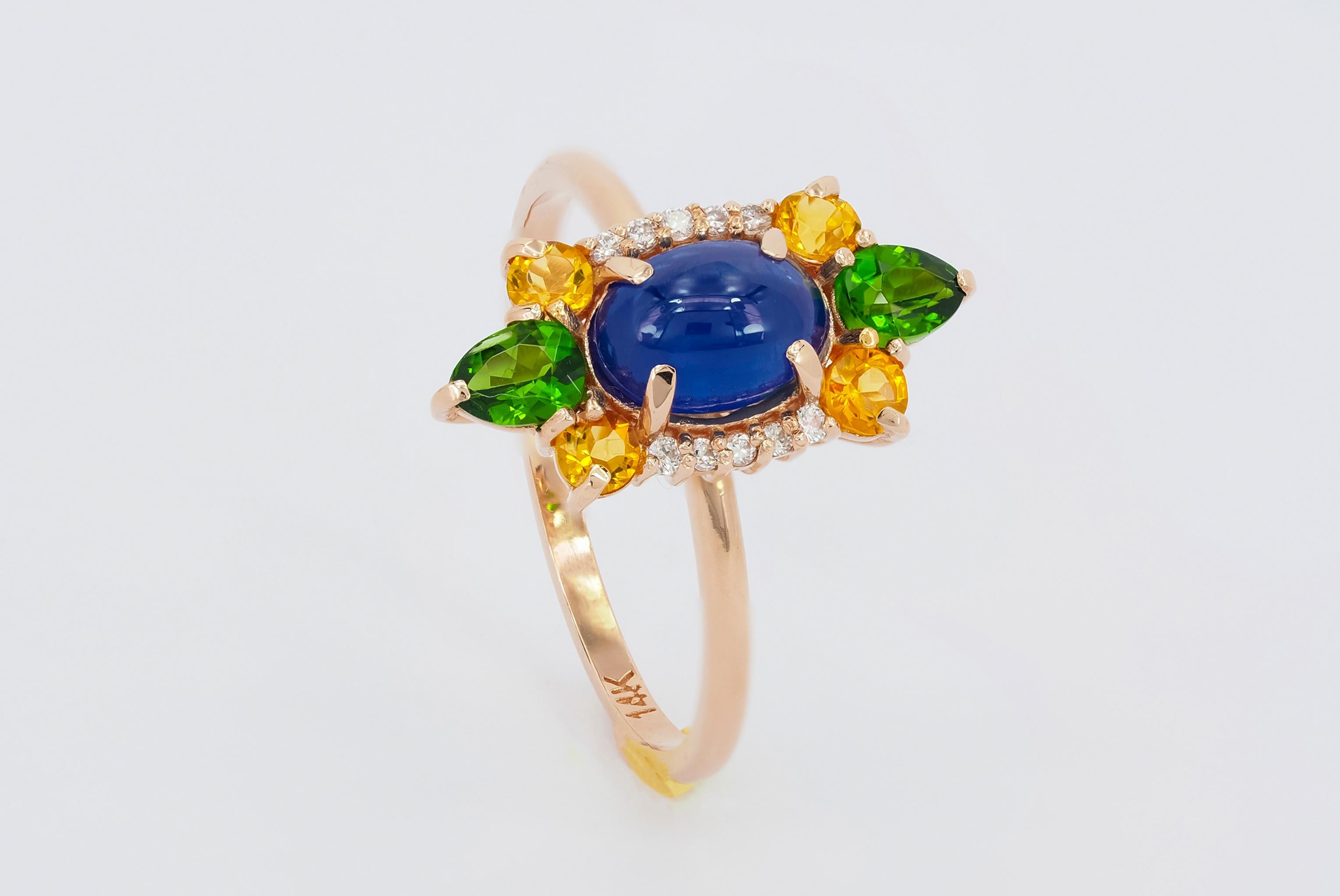 14k Gold ring with cabochon Sapphire, Chrome diopsides, Sapphires, Diamonds.  For Sale 2
