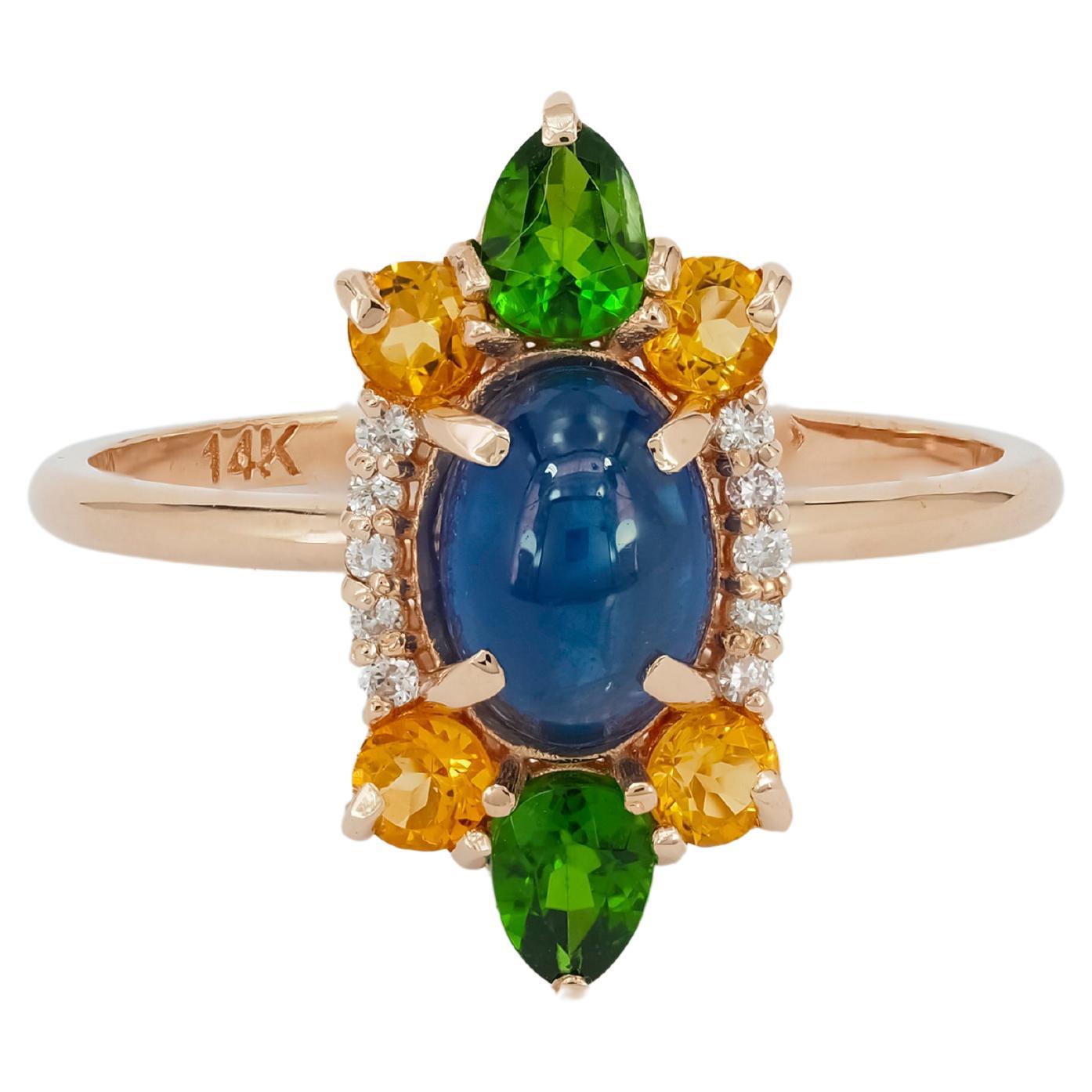 14k Gold ring with cabochon Sapphire, Chrome diopsides, Sapphires, Diamonds. 