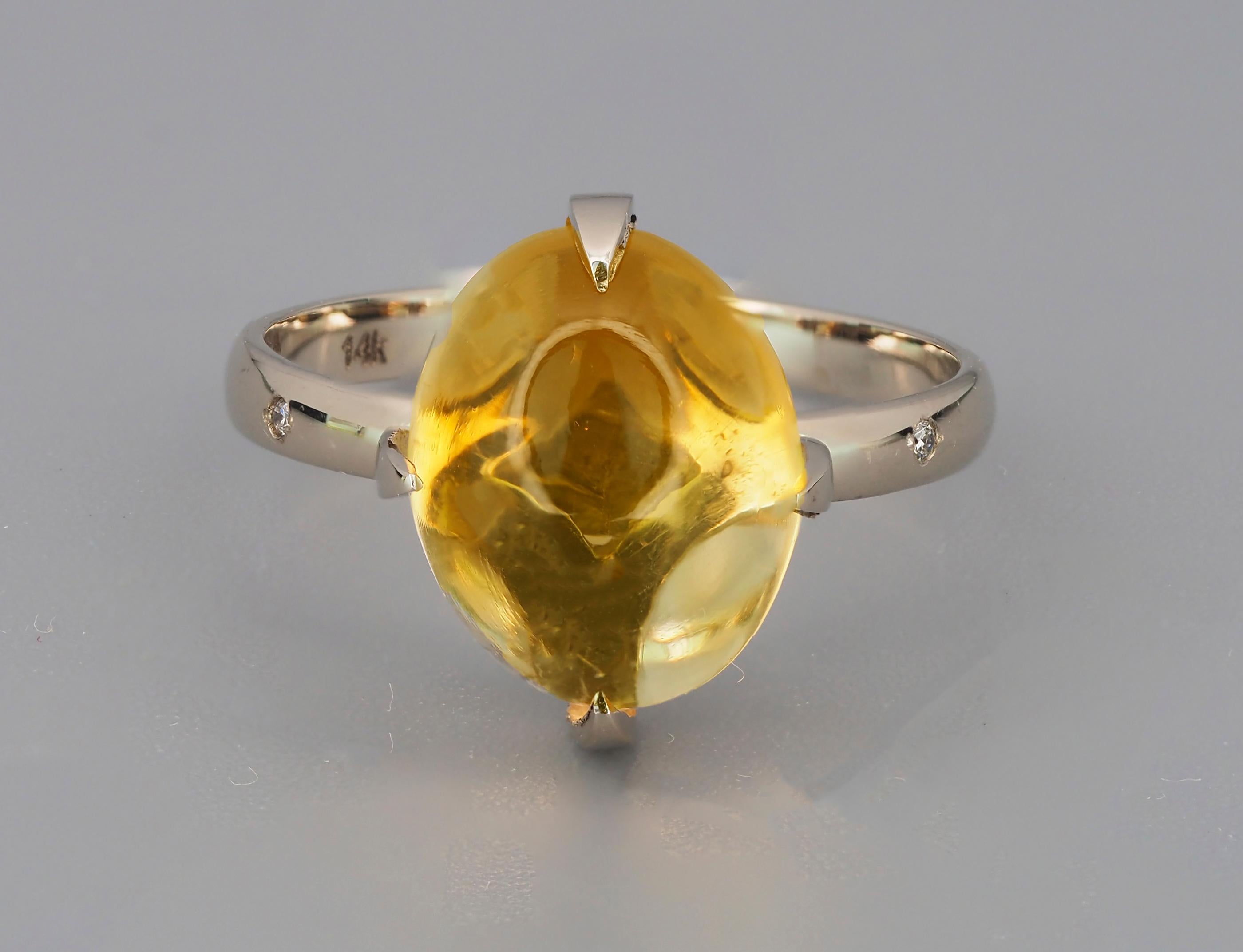 For Sale:  14k Gold Ring with Citrine Cabochon and Diamonds 2