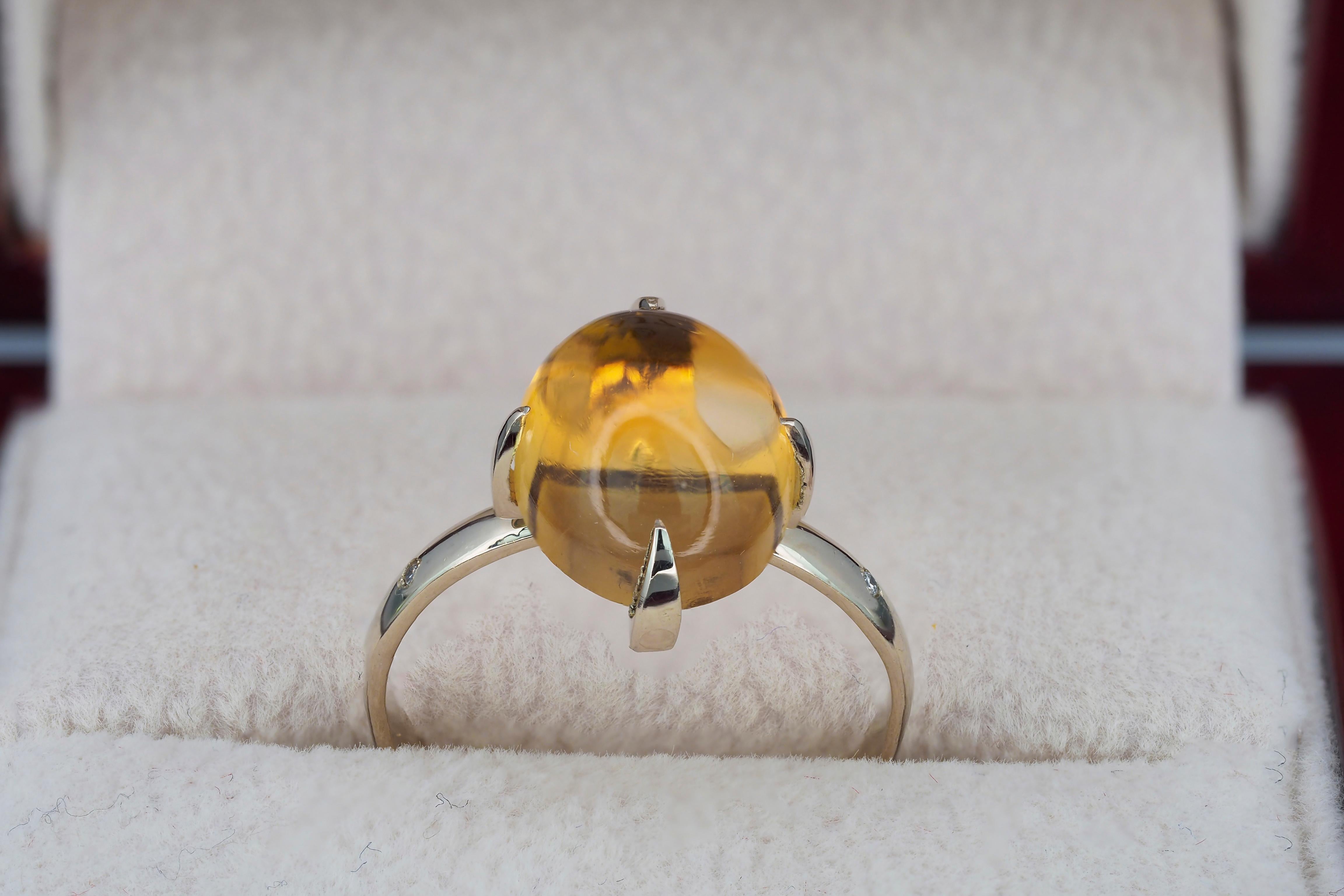 For Sale:  14k Gold Ring with Citrine Cabochon and Diamonds 5