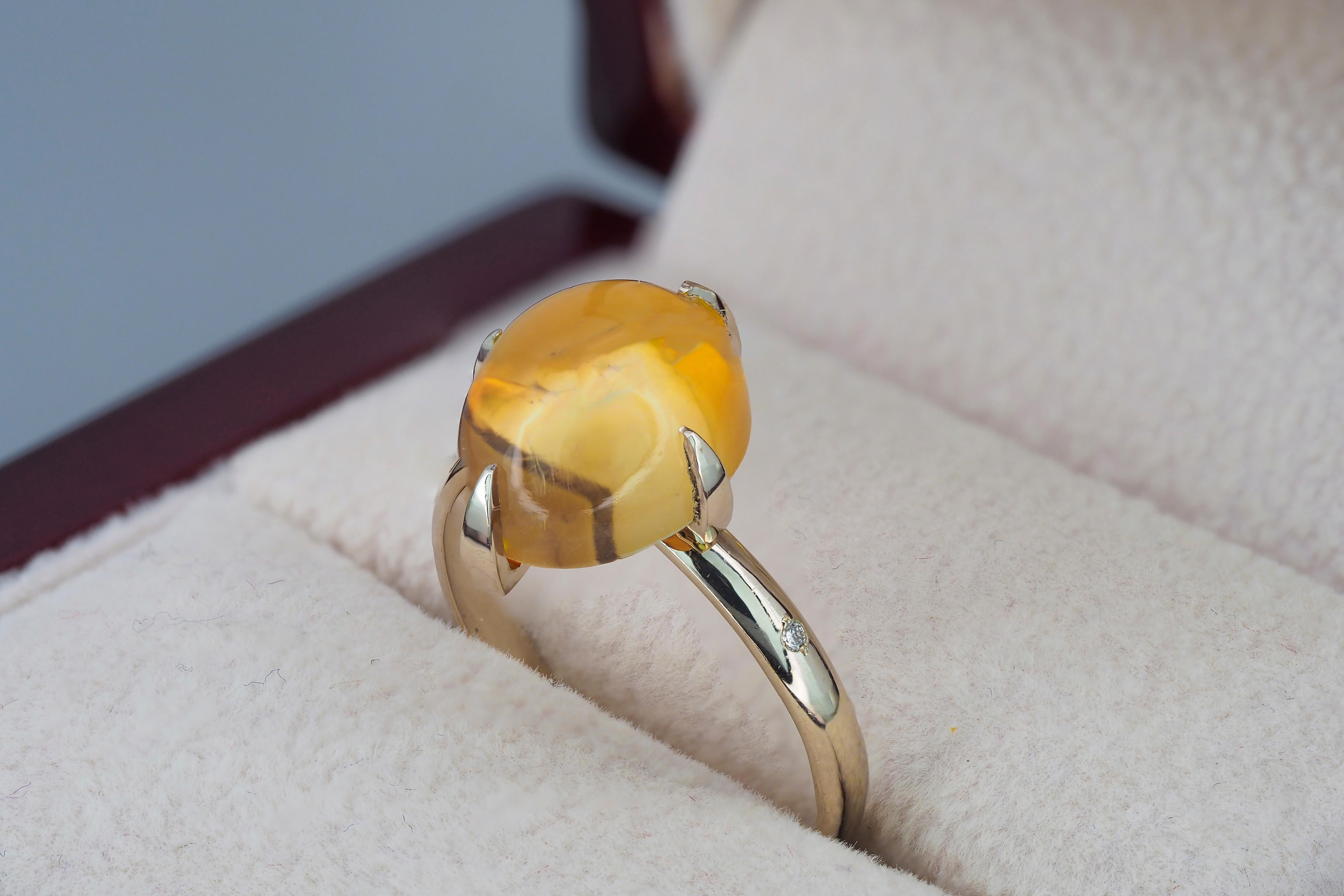 For Sale:  14k Gold Ring with Citrine Cabochon and Diamonds 7