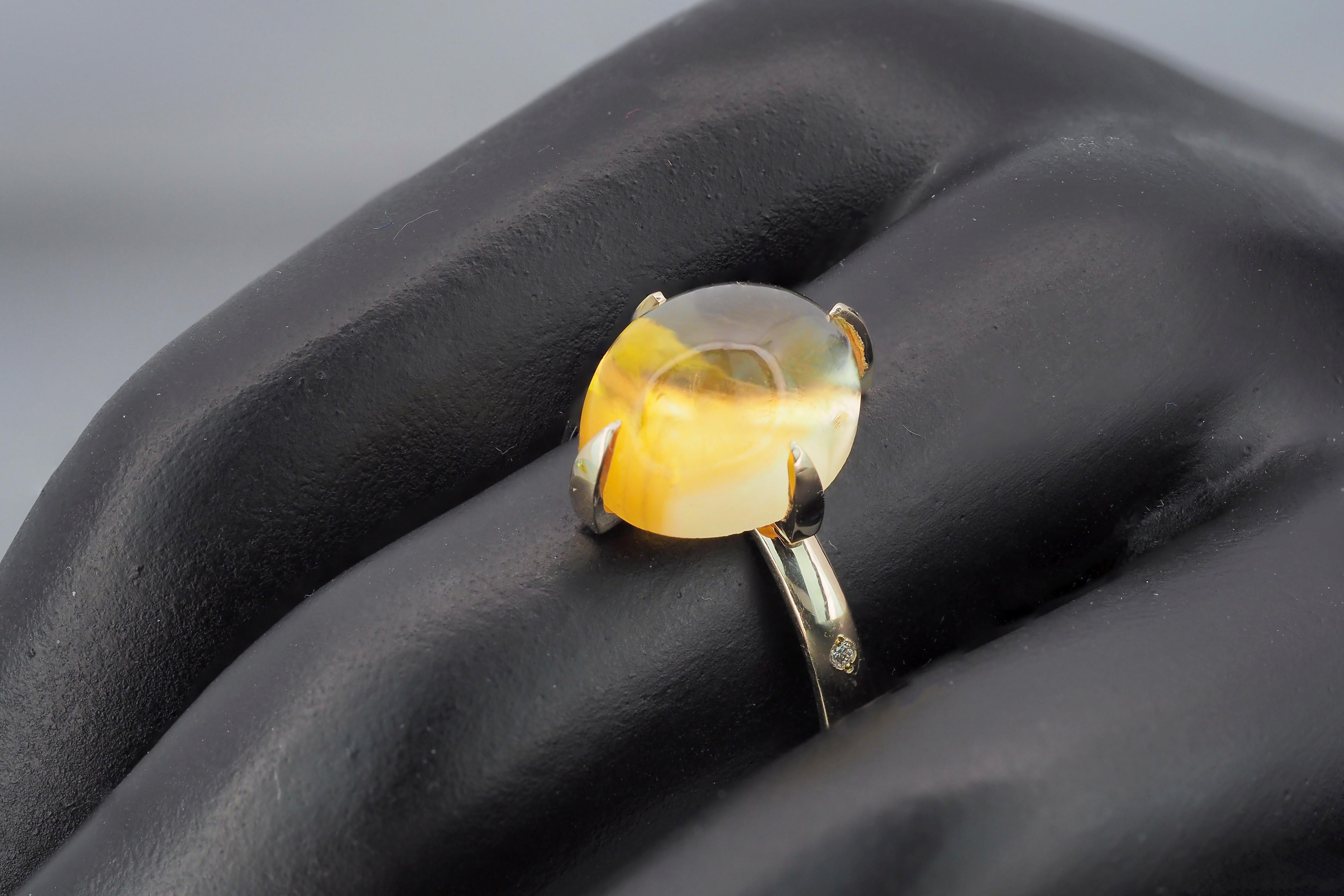 For Sale:  14k Gold Ring with Citrine Cabochon and Diamonds 8