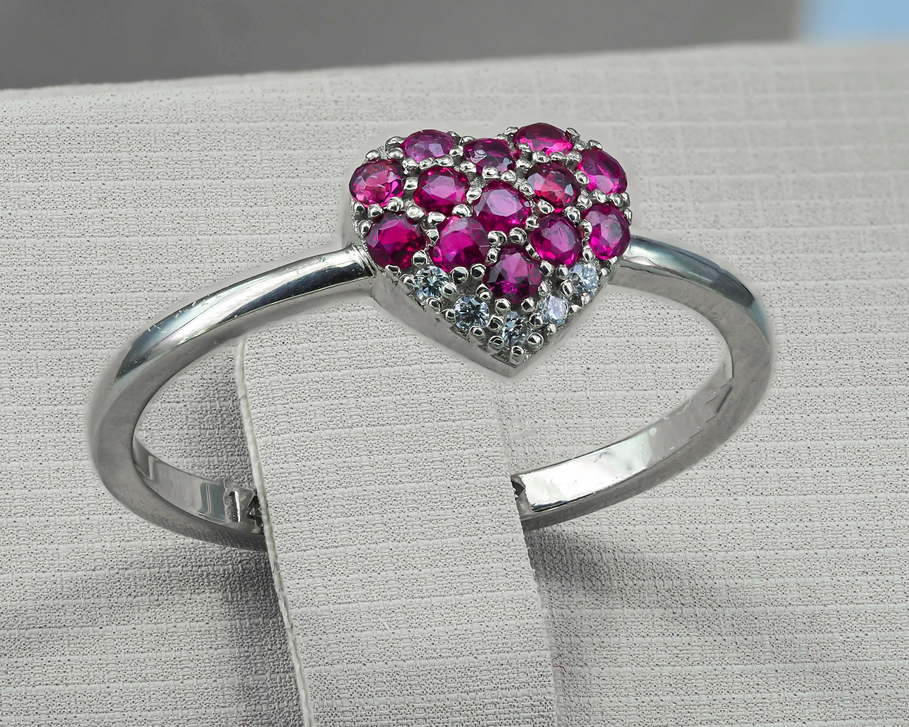 For Sale:  14 karat Gold Ring with Diamonds and Rubies. Heart Gold Ring. Love ring. 7