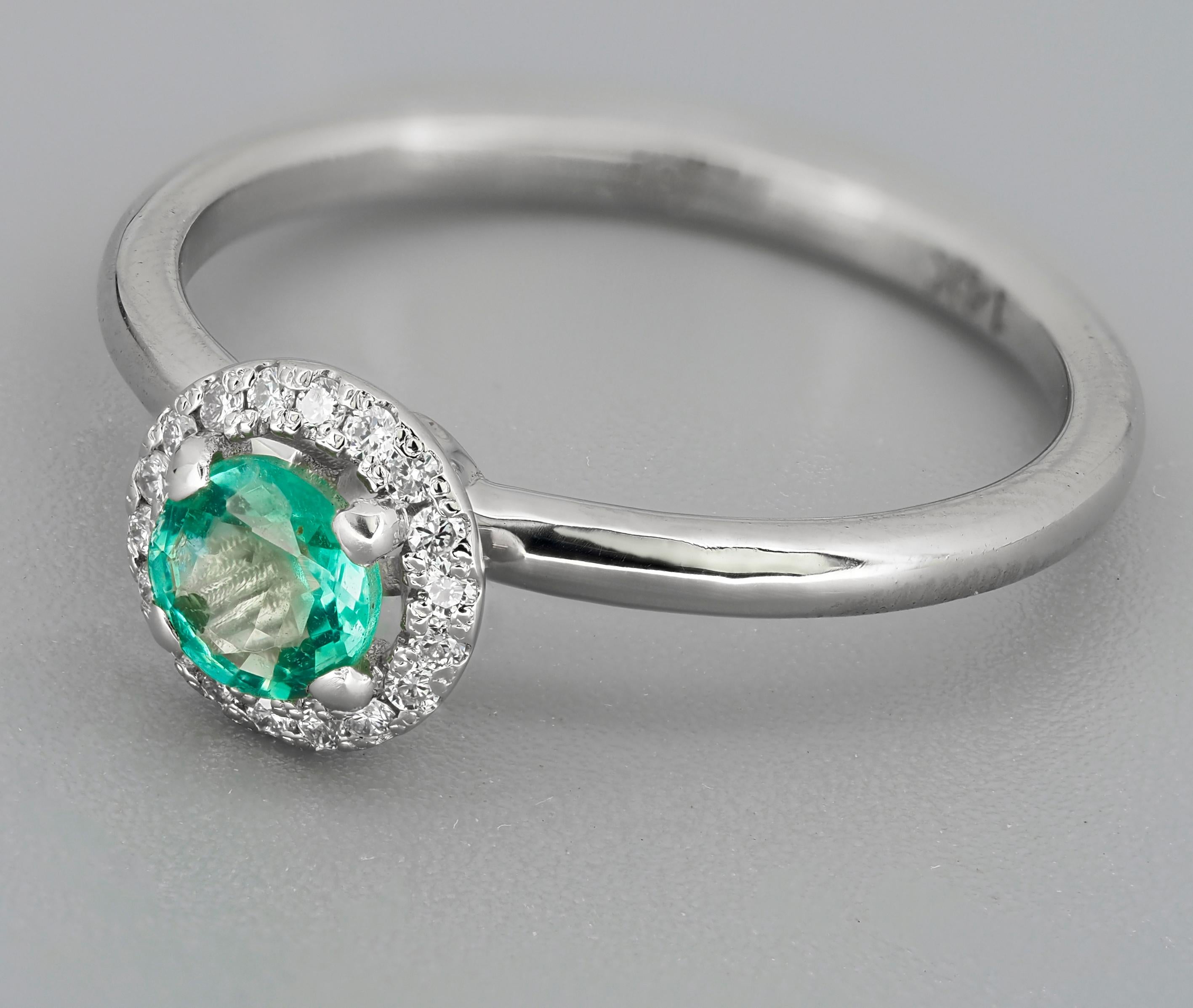 Women's 14k Gold Ring with Emerald and Diamonds, Emerald Halo Ring