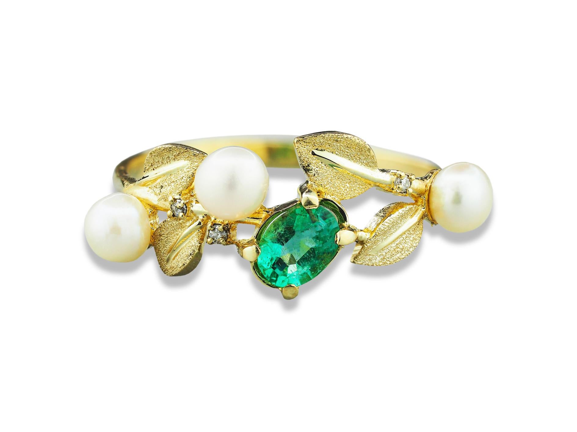 For Sale:  14k Gold Ring with Emerald, Pearls and Diamonds 13