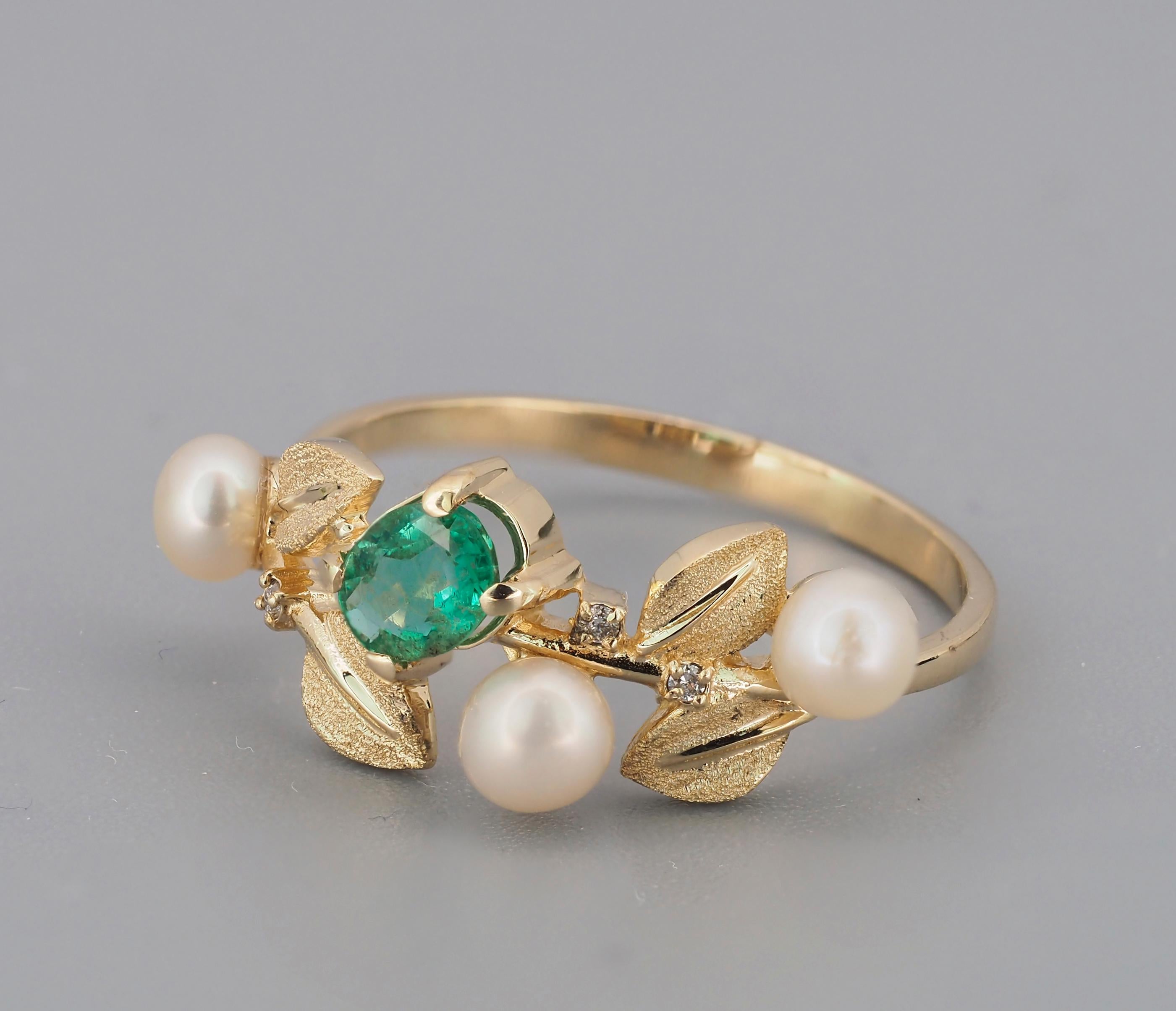 For Sale:  14k Gold Ring with Emerald, Pearls and Diamonds 4